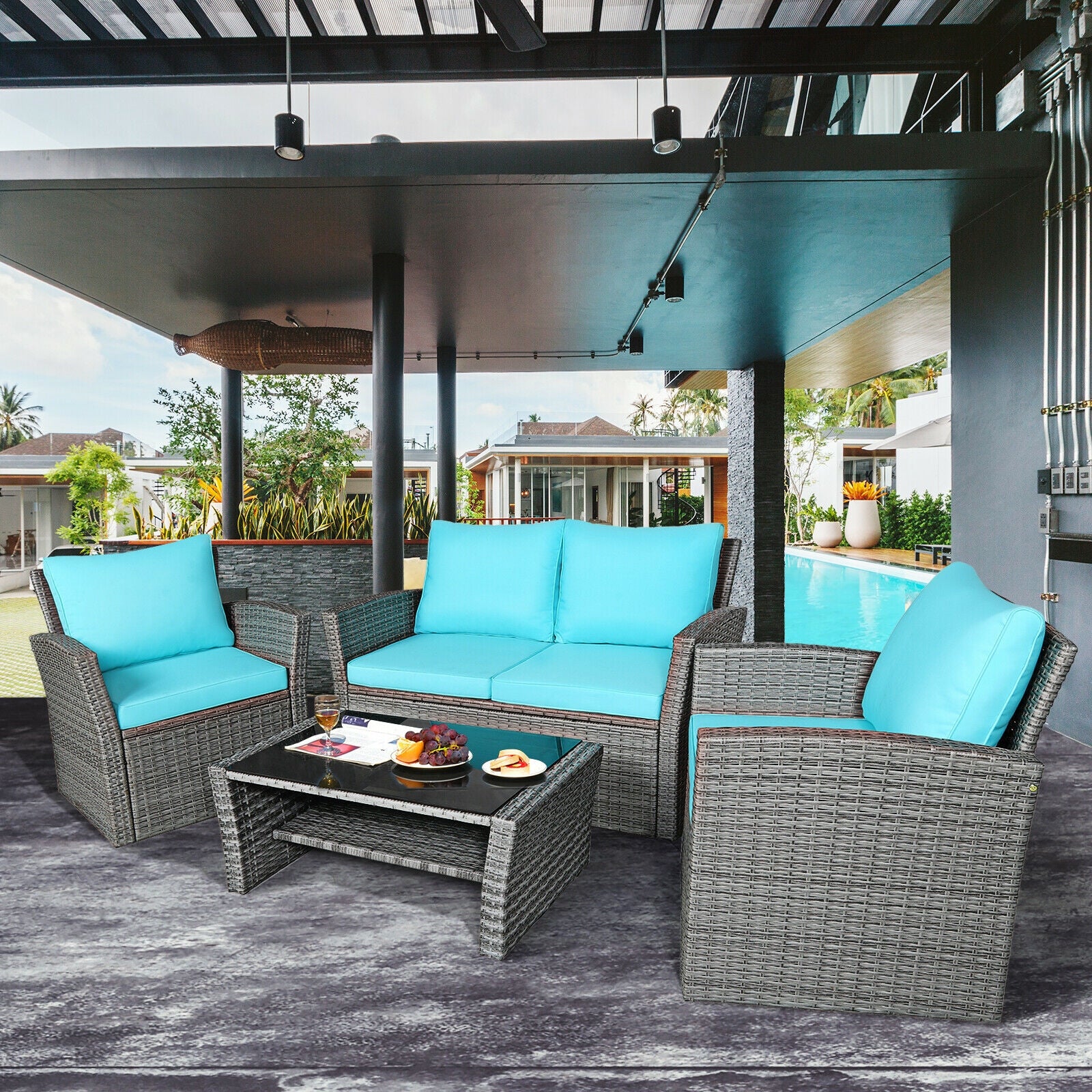 4 Pcs Rattan Patio Set, Sofa Table With Storage Shelf, Turquoise - Image 7