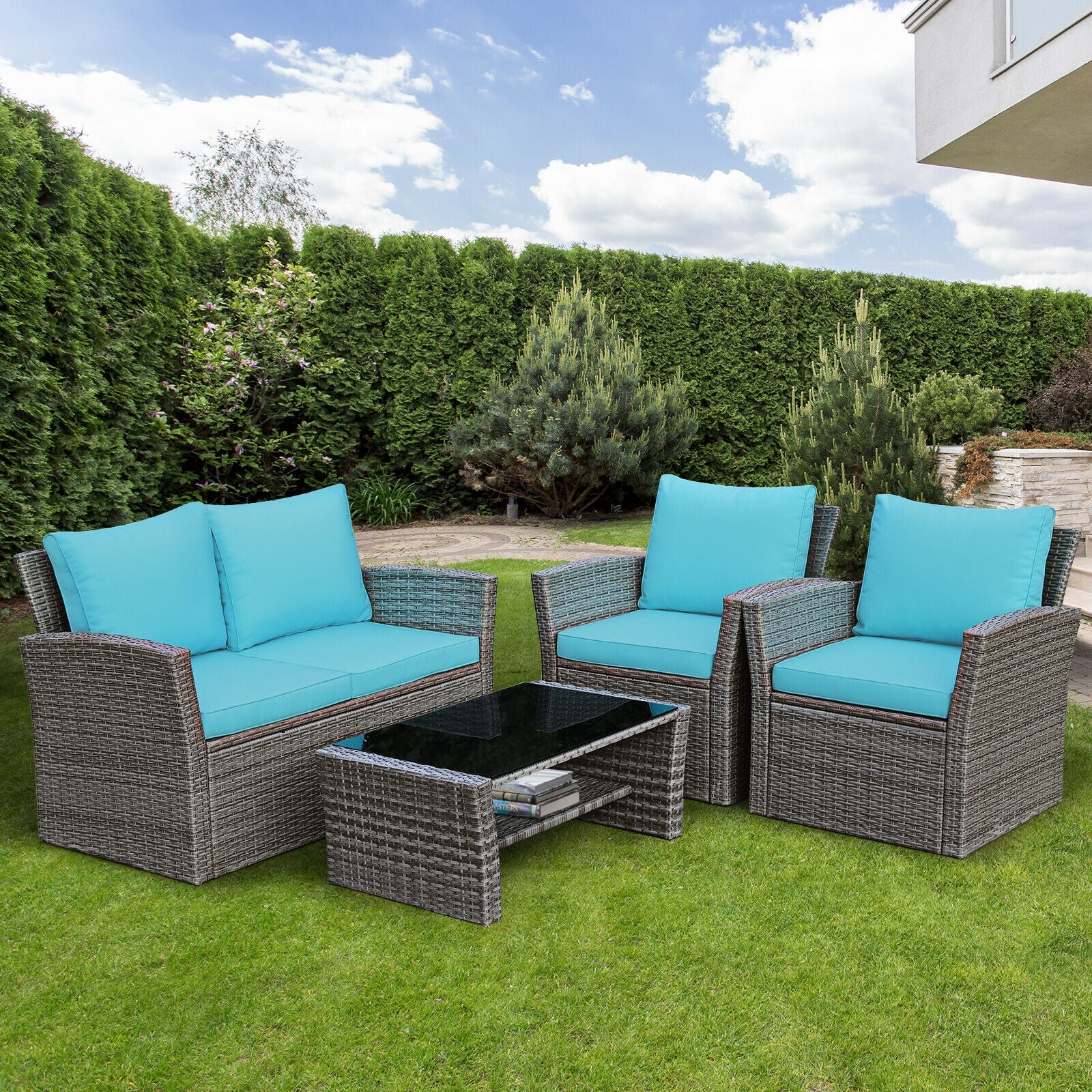 4 Pcs Rattan Patio Set, Sofa Table With Storage Shelf, Turquoise - Image 8