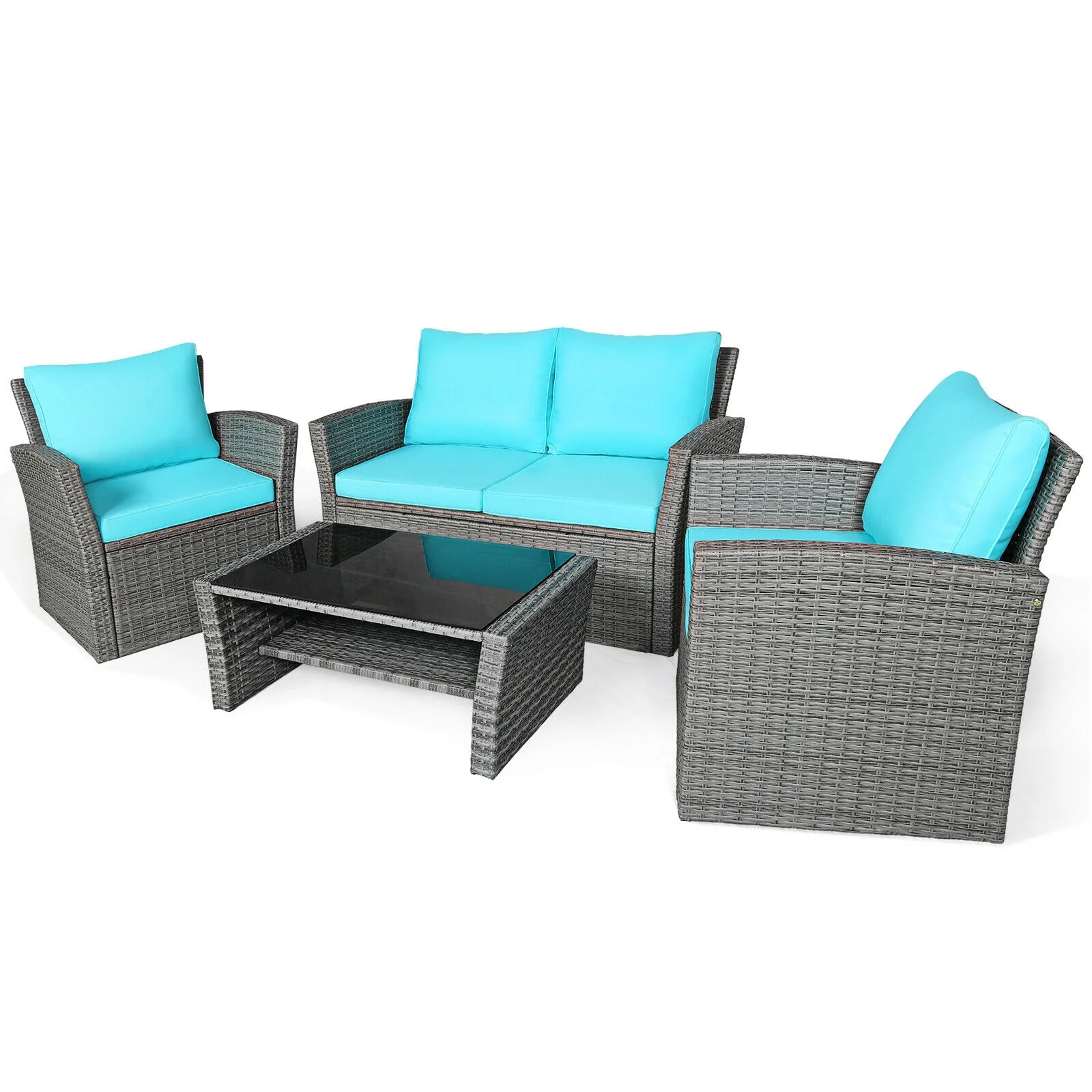 4 Pcs Rattan Patio Set, Sofa Table With Storage Shelf, Turquoise - Image 9