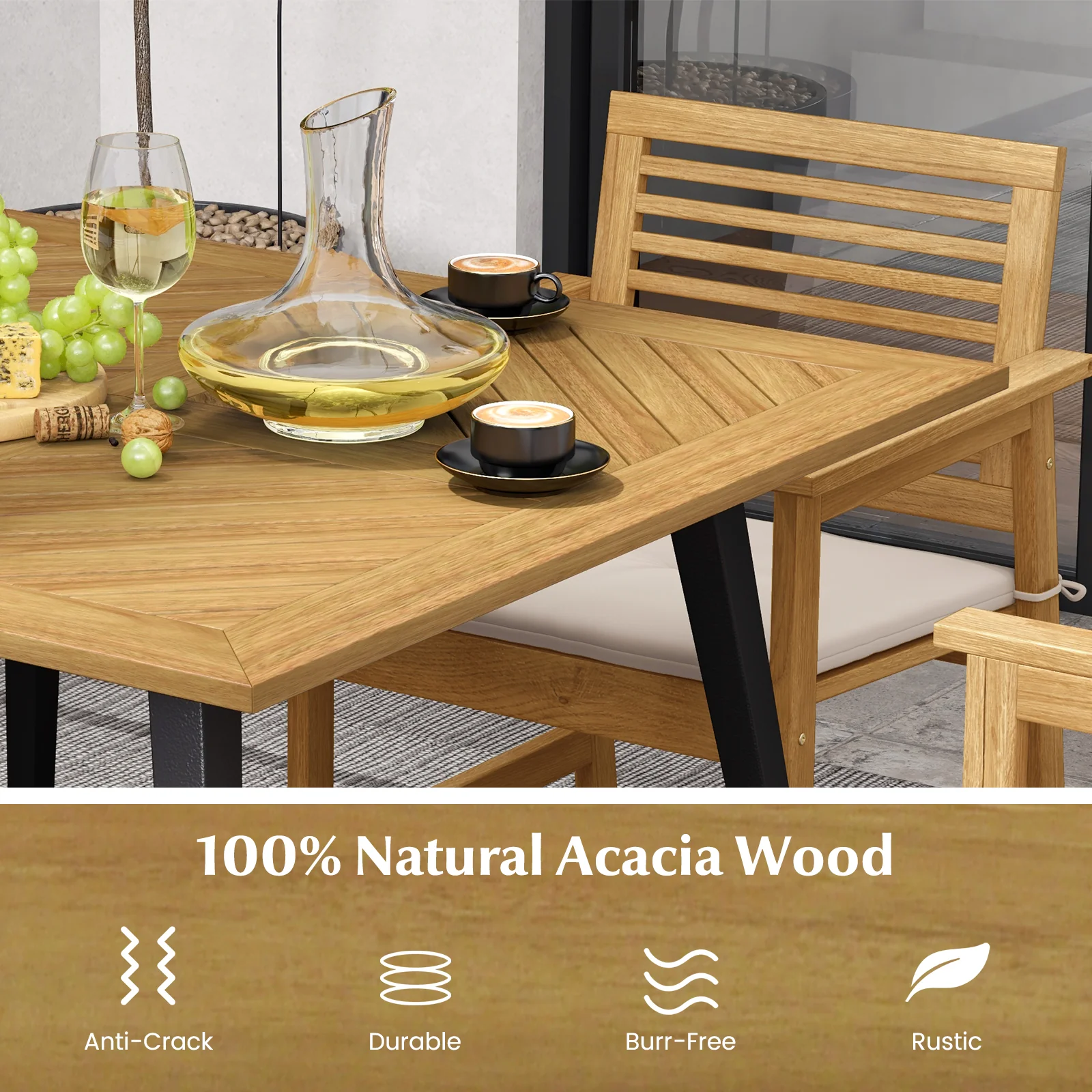 4-Person Acacia Wood Outdoor Dining Table, Garden Poolside Backyard - Image 10