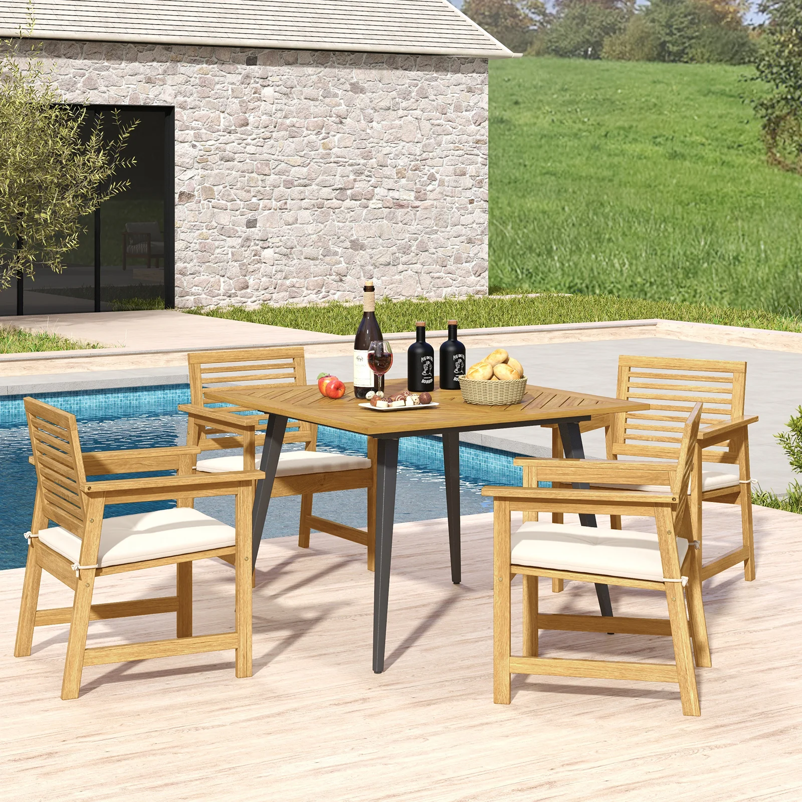 4-Person Acacia Wood Outdoor Dining Table, Garden Poolside Backyard - Image 7