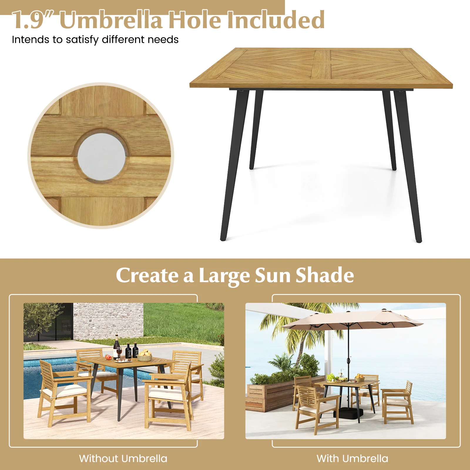 4-Person Acacia Wood Outdoor Dining Table, Garden Poolside Backyard - Image 9