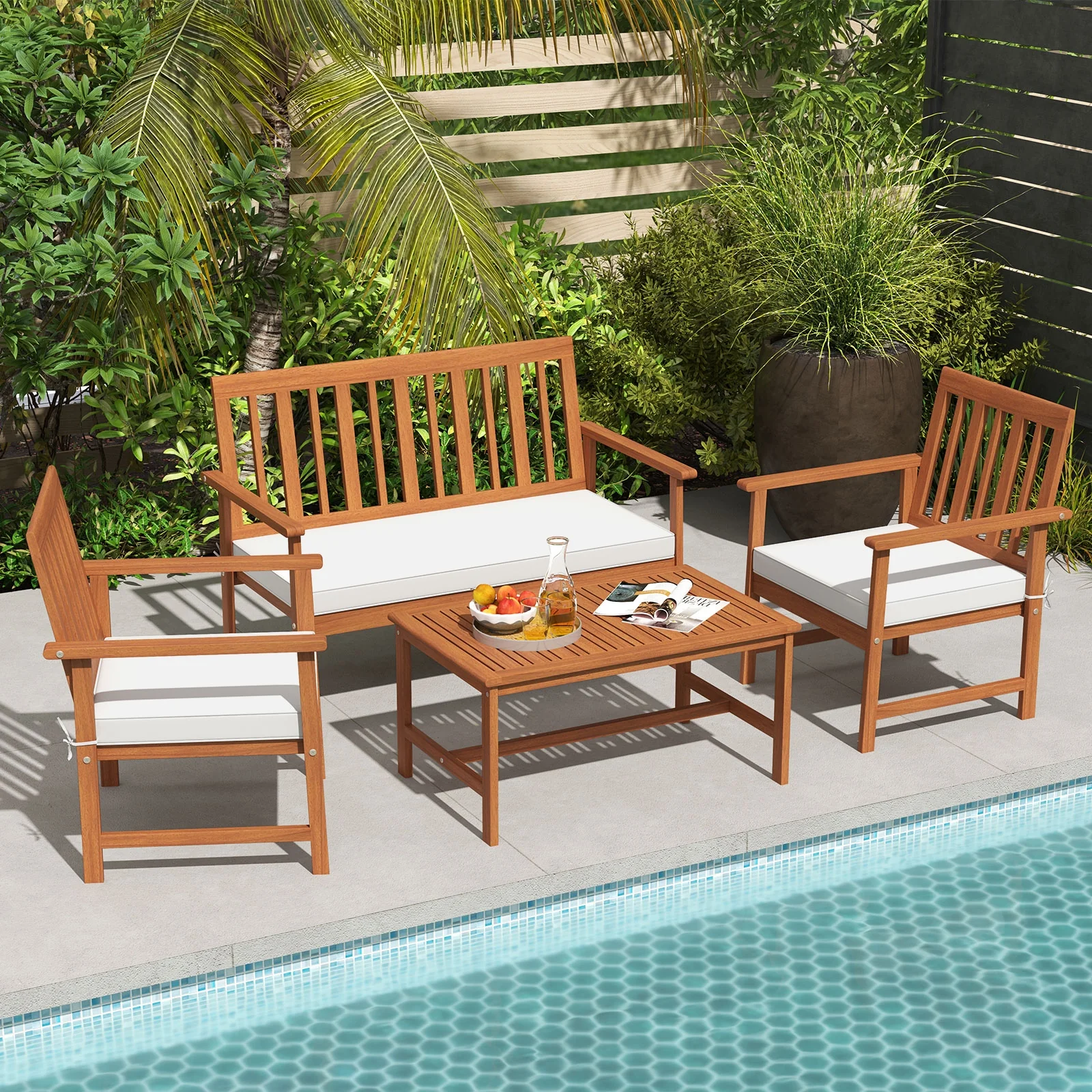 4 Piece Acacia Wood Furniture Set, White - Image 2
