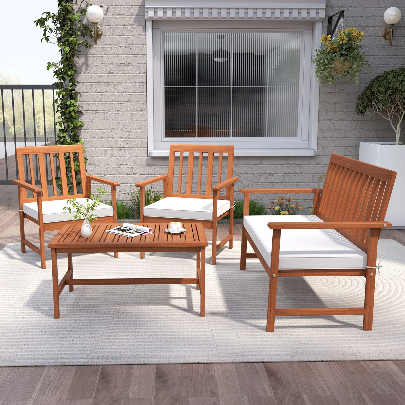 4 Piece Acacia Wood Furniture Set, White - Image 3