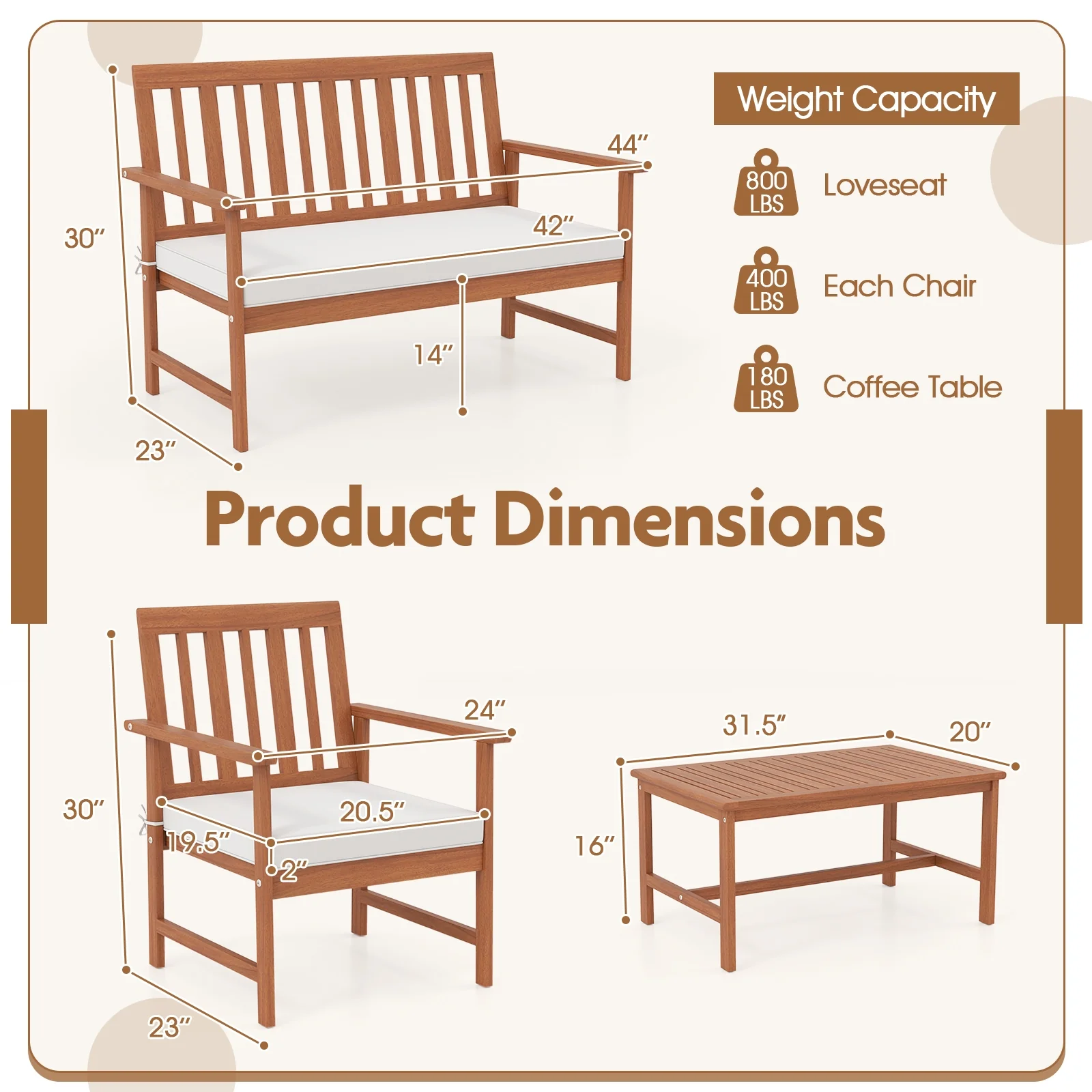 4 Piece Acacia Wood Furniture Set, White - Image 6