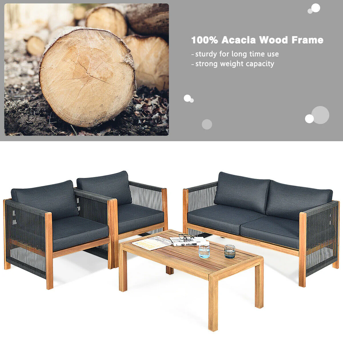 4-Piece Acacia Wood Outdoor Patio Furniture Set, Gray - Image 10