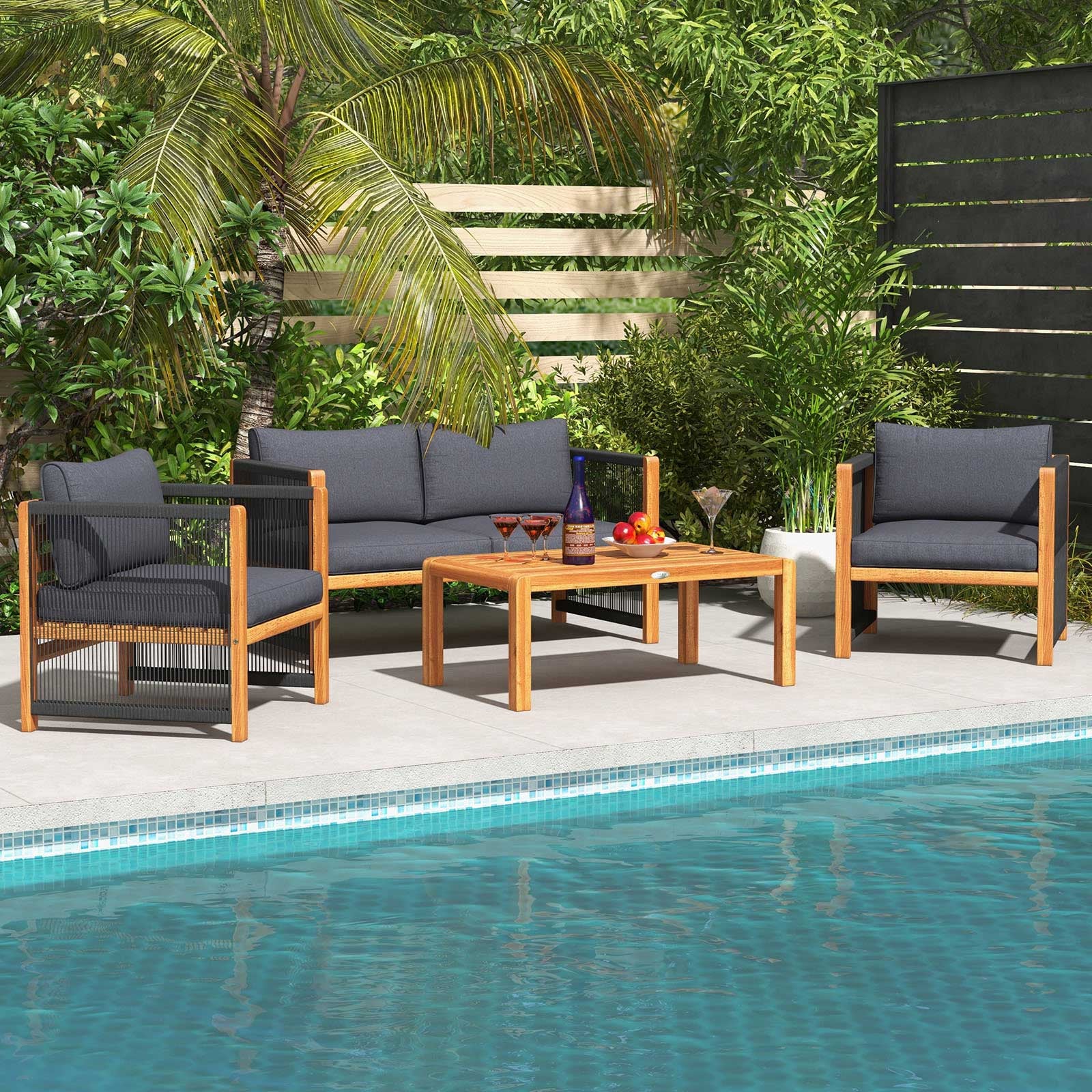 4-Piece Acacia Wood Outdoor Patio Furniture Set, Gray - Image 2