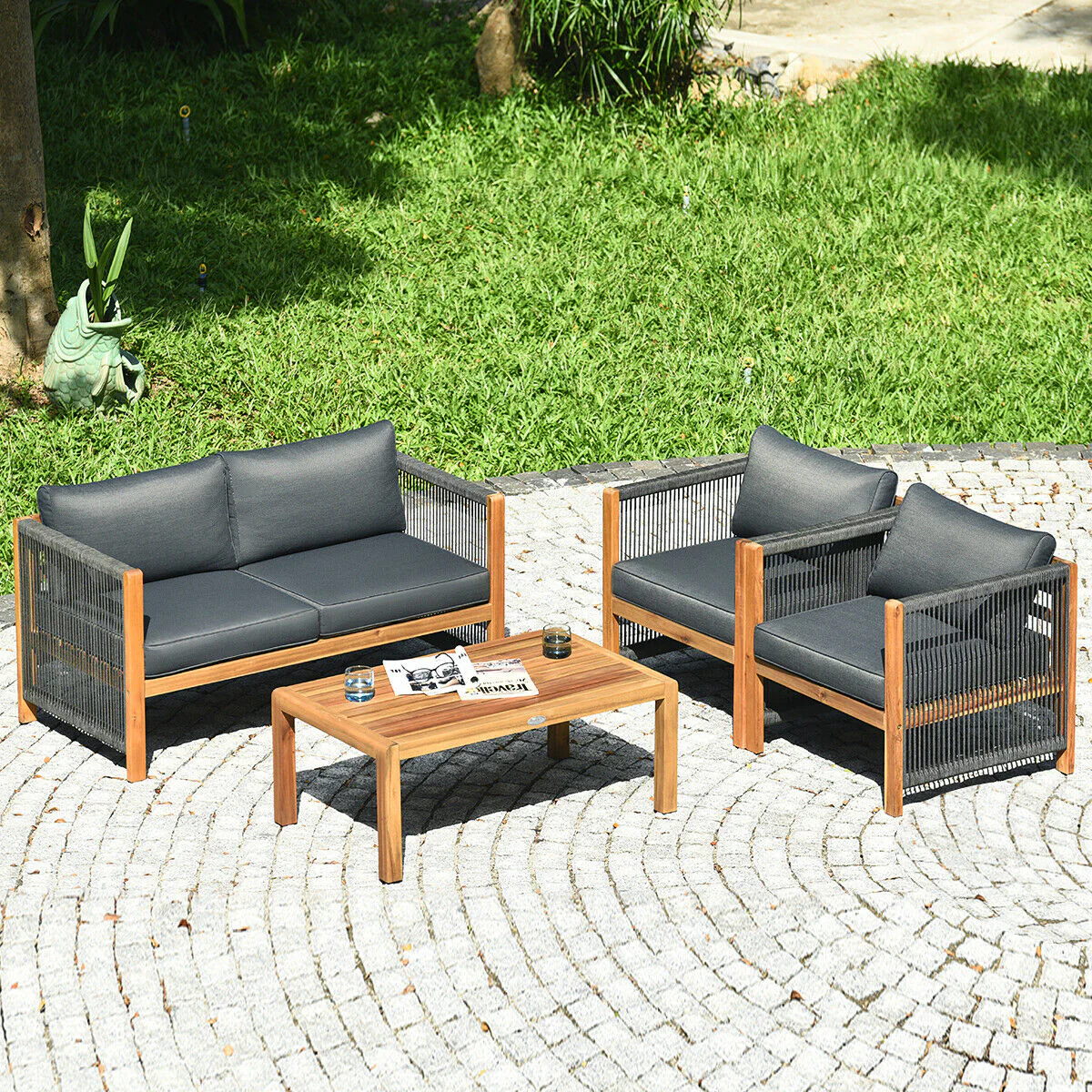 4-Piece Acacia Wood Outdoor Patio Furniture Set, Gray - Image 3
