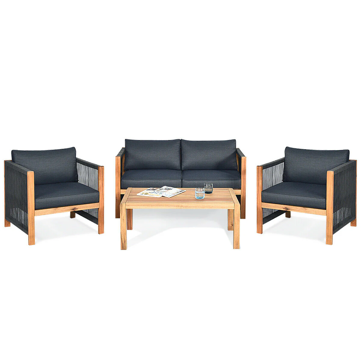 4-Piece Acacia Wood Outdoor Patio Furniture Set, Gray - Image 4