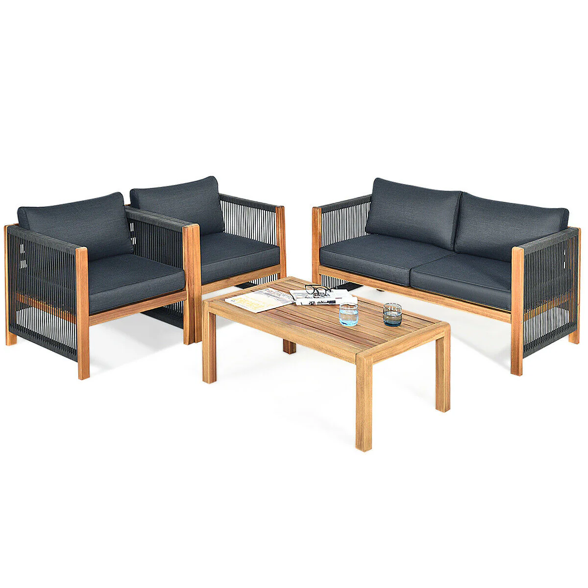 4-Piece Acacia Wood Outdoor Patio Furniture Set, Gray - Image 5