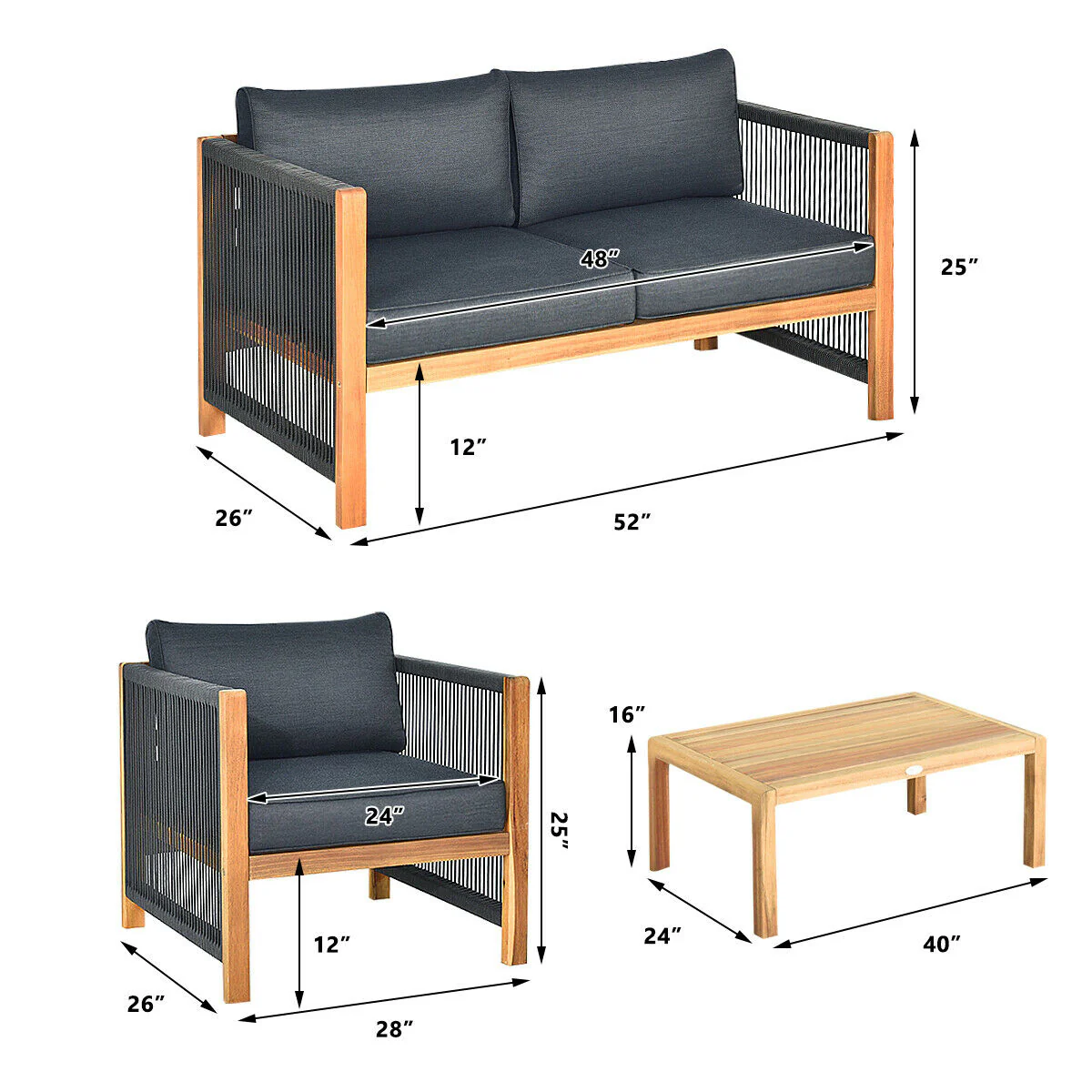 4-Piece Acacia Wood Outdoor Patio Furniture Set, Gray - Image 6
