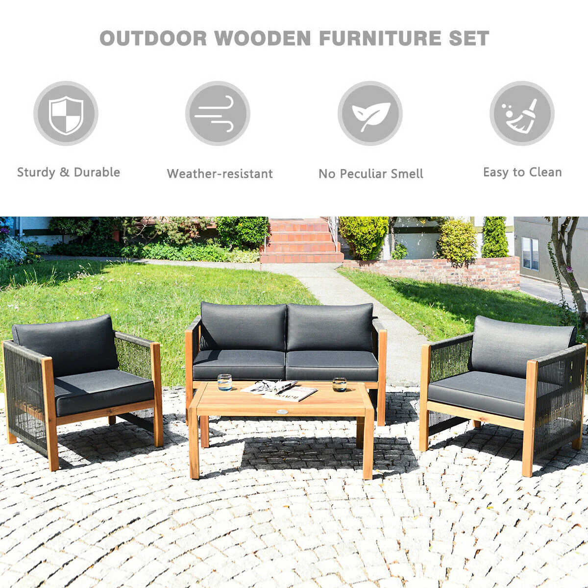 4-Piece Acacia Wood Outdoor Patio Furniture Set, Gray - Image 7
