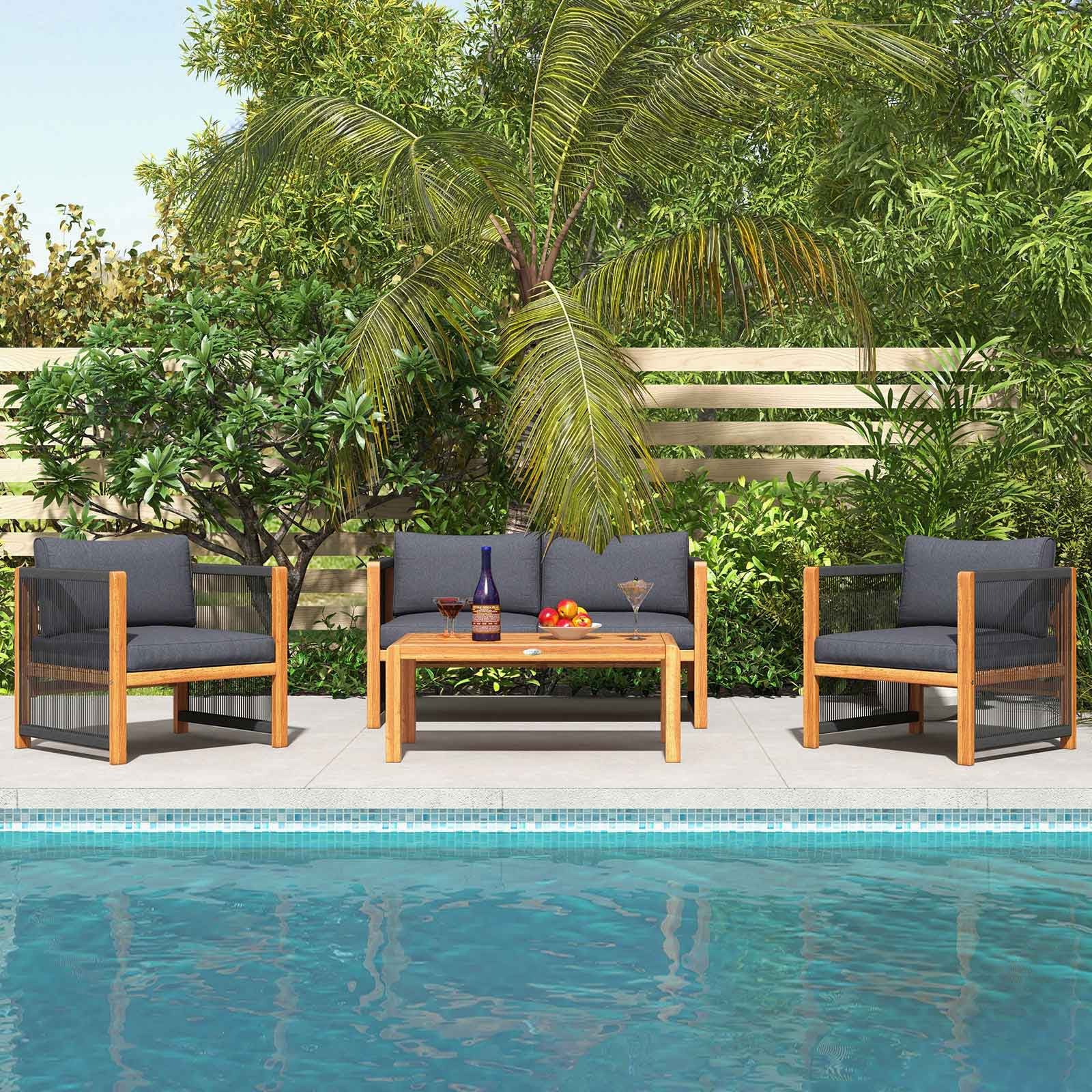 4-Piece Acacia Wood Outdoor Patio Furniture Set, Gray - Image 8