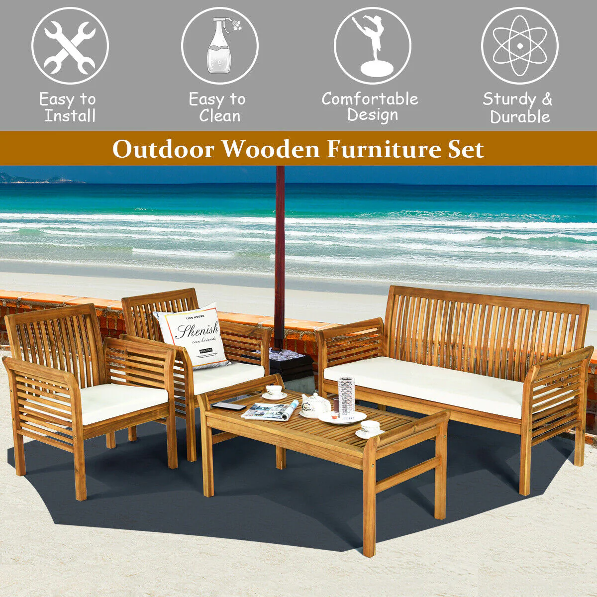 4 Piece Acacia Wood Outdoor Sofa Set - Image 3