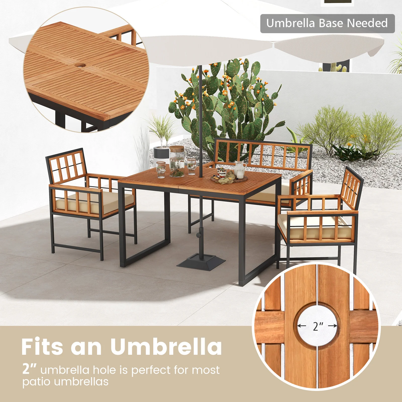 4 Piece Acacia Wood Patio Dining Set, Rectangular Table, Natural - Image 10