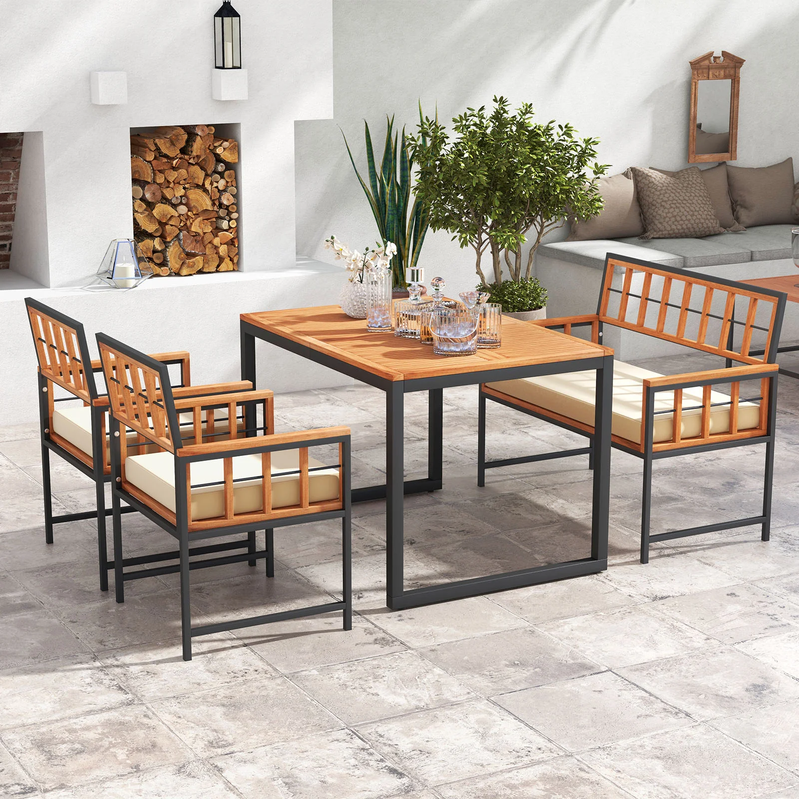 4 Piece Acacia Wood Patio Dining Set, Rectangular Table, Natural - Image 2
