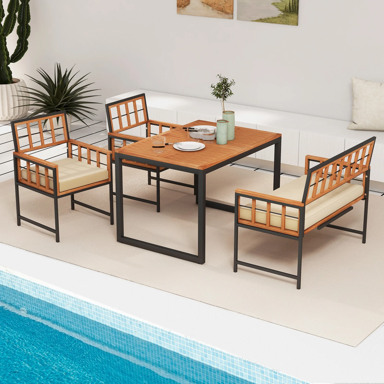 4 Piece Acacia Wood Patio Dining Set, Rectangular Table, Natural - Image 3