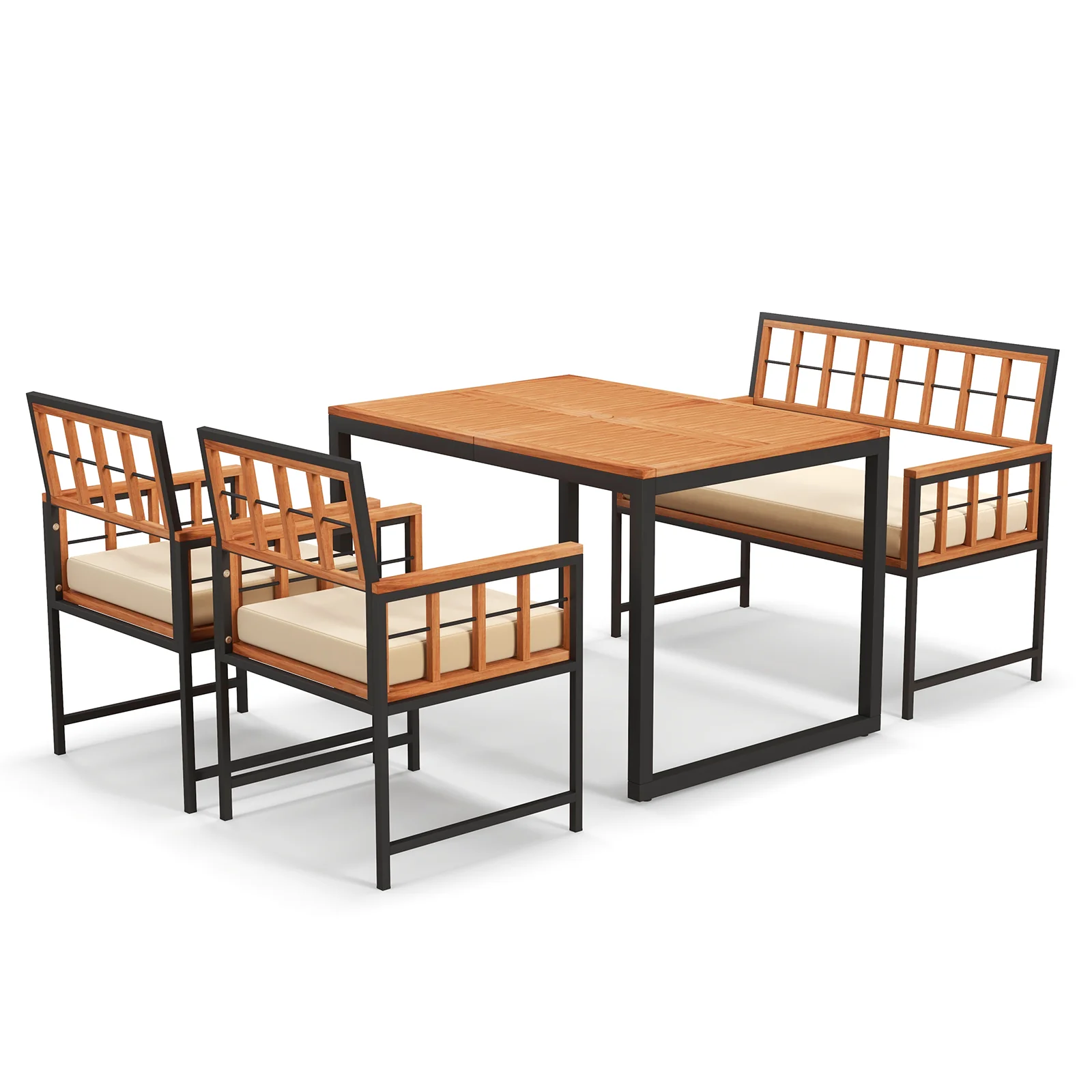 4 Piece Acacia Wood Patio Dining Set, Rectangular Table, Natural - Image 4