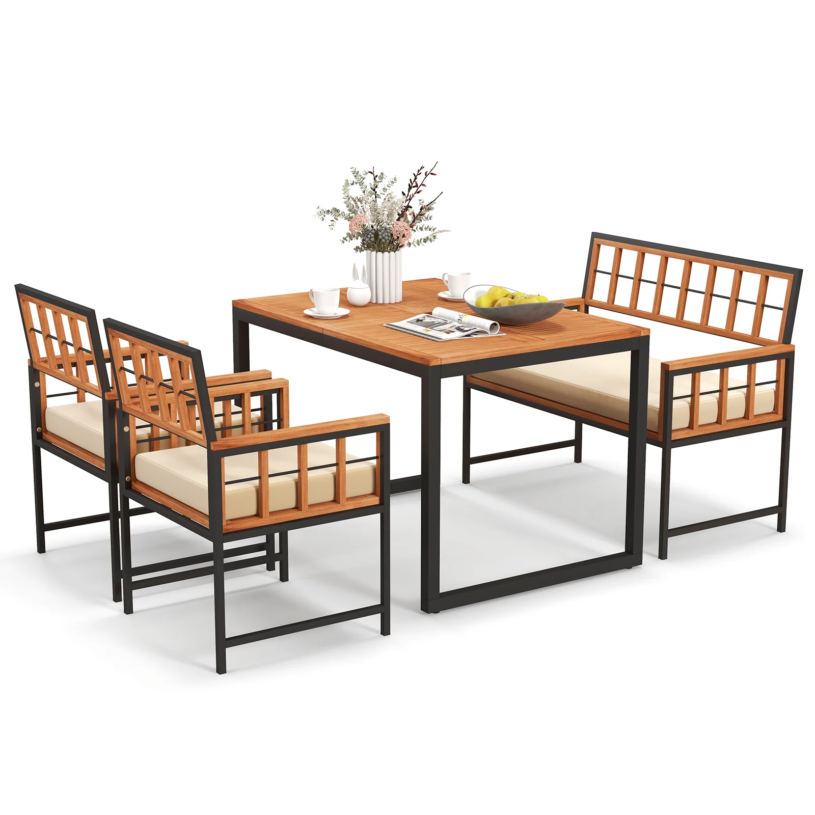 4 Piece Acacia Wood Patio Dining Set, Rectangular Table, Natural - Image 5