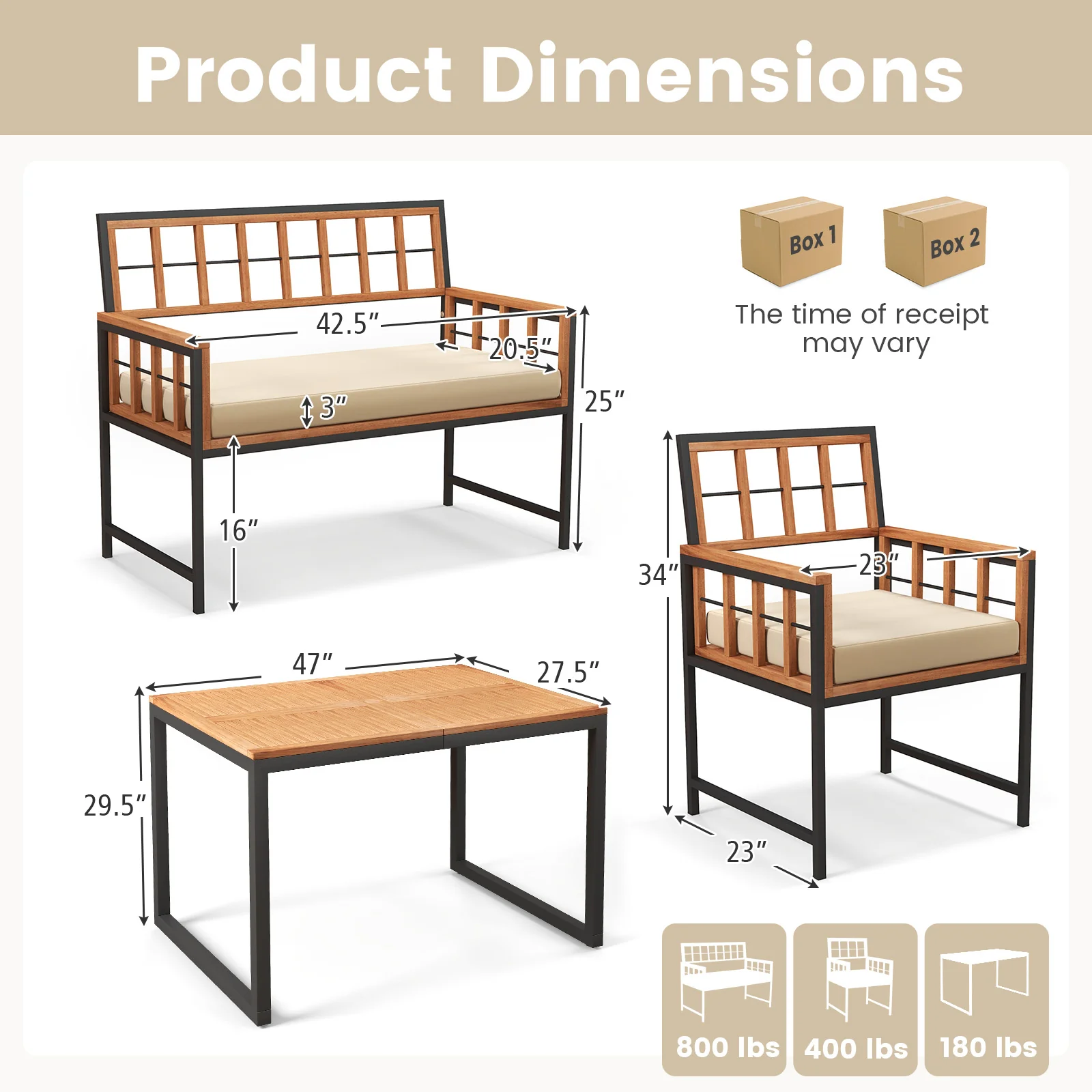 4 Piece Acacia Wood Patio Dining Set, Rectangular Table, Natural - Image 6