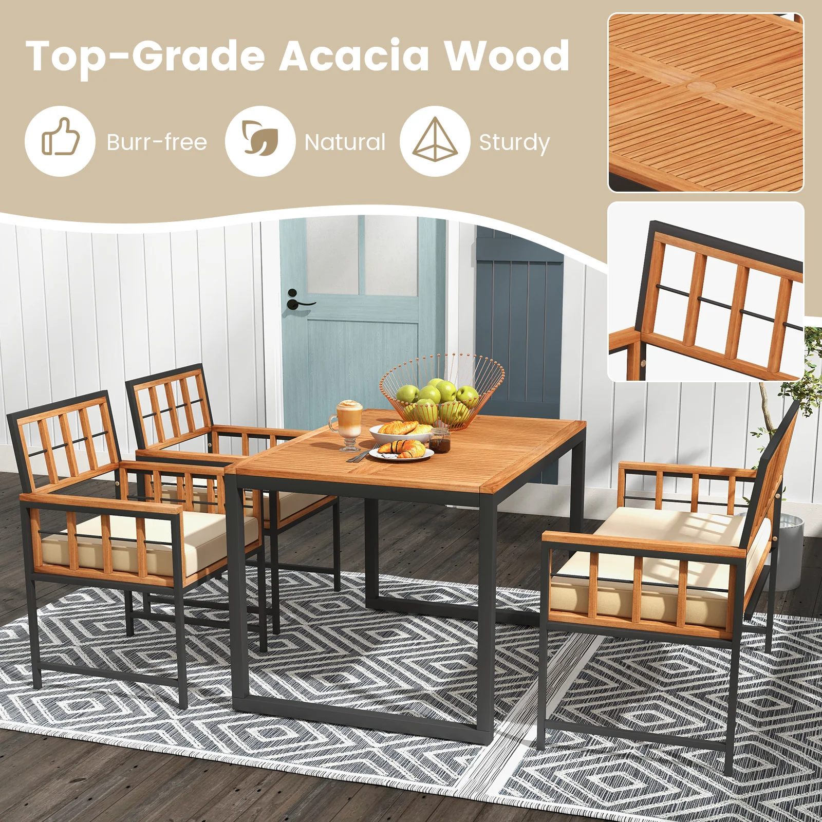4 Piece Acacia Wood Patio Dining Set, Rectangular Table, Natural - Image 8