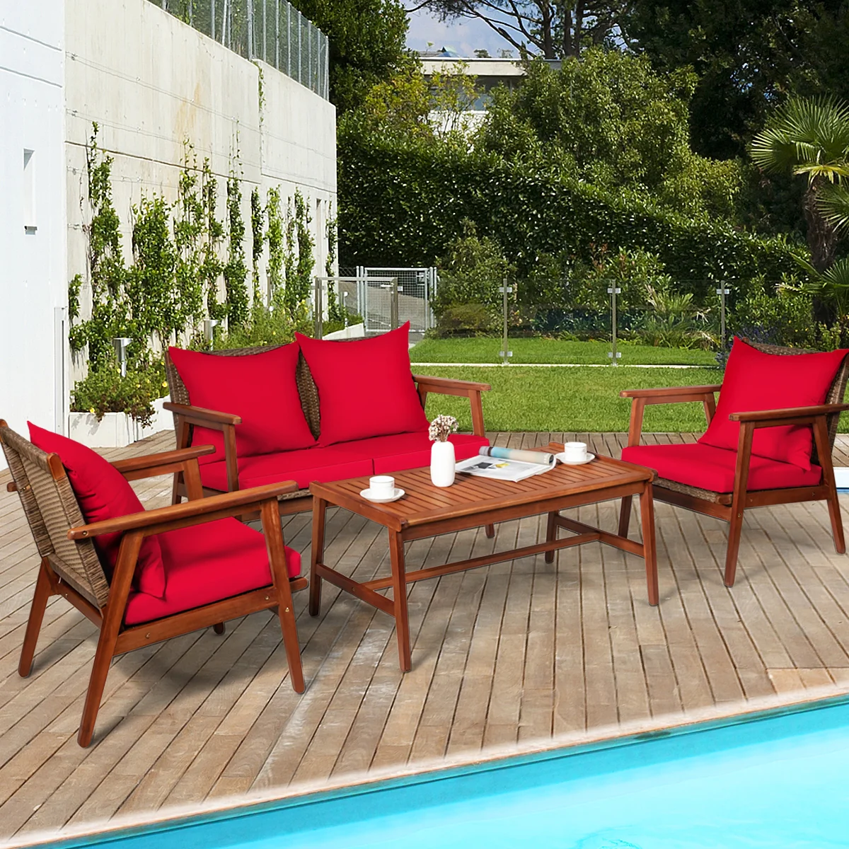 4 Piece Acacia Wood Patio Rattan Furniture Set, Red - Image 2