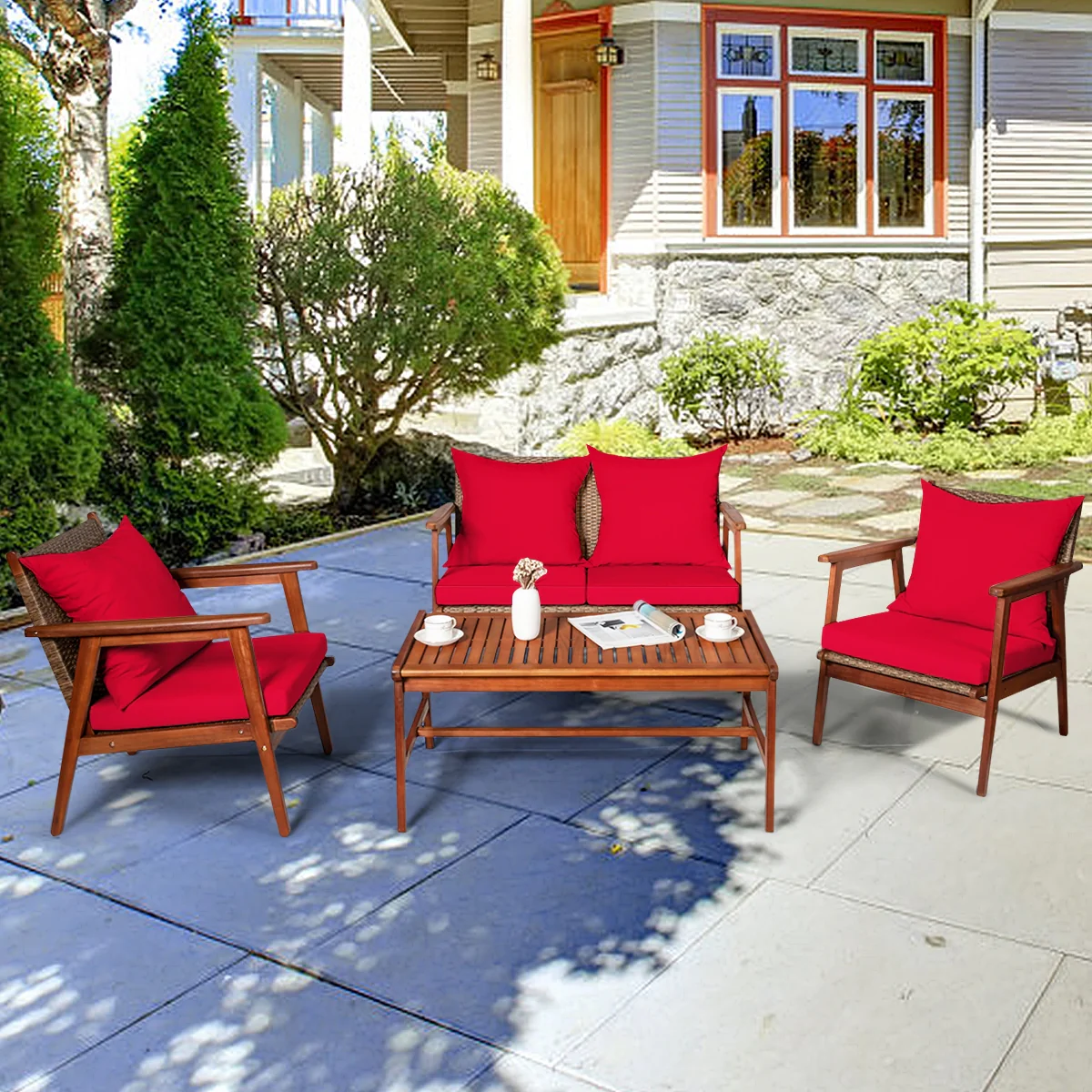 4 Piece Acacia Wood Patio Rattan Furniture Set, Red - Image 3