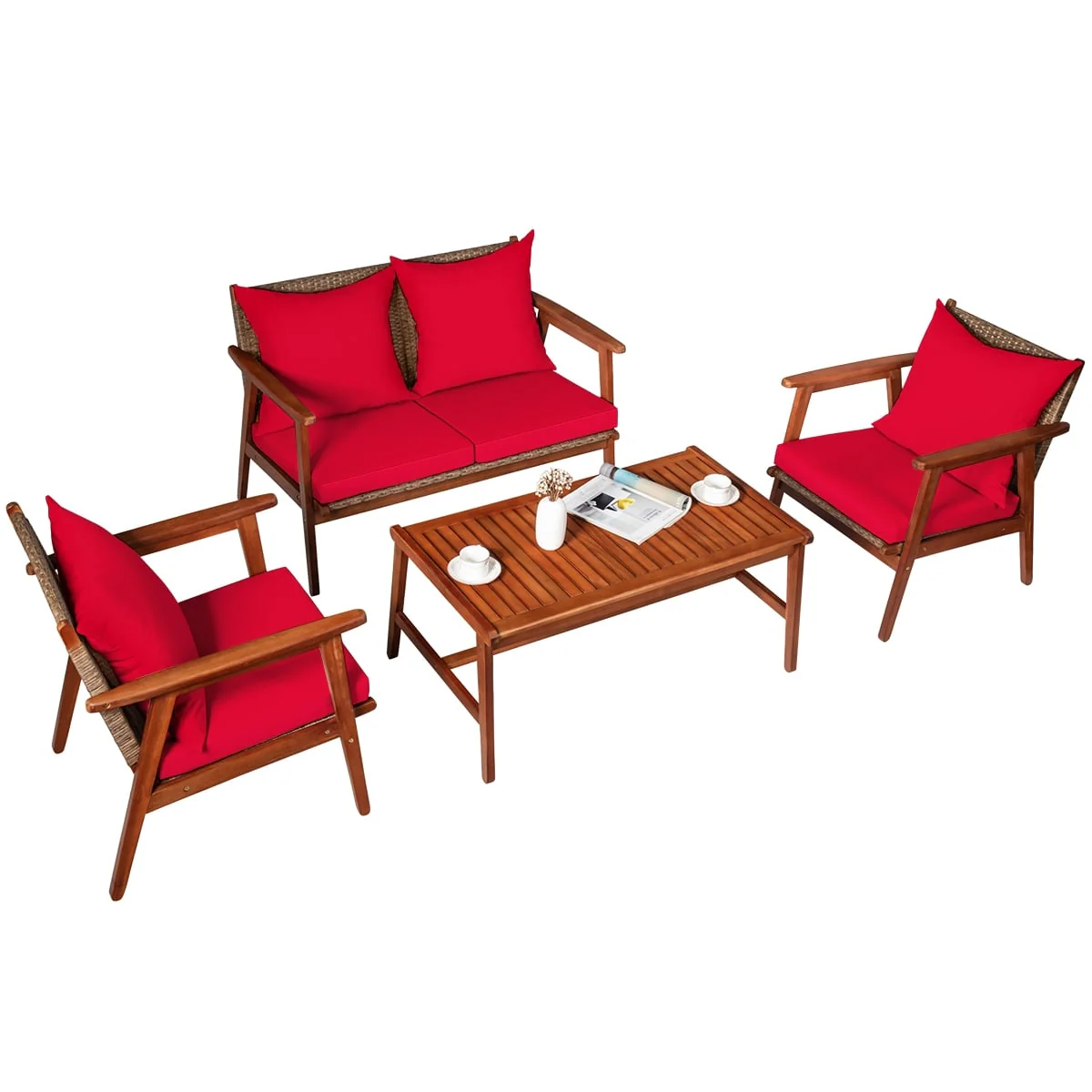 4 Piece Acacia Wood Patio Rattan Furniture Set, Red - Image 4
