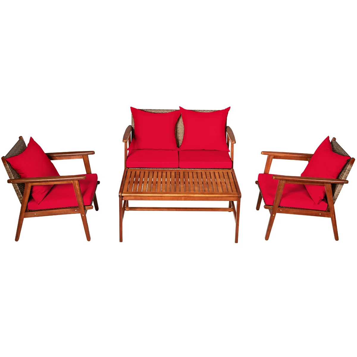 4 Piece Acacia Wood Patio Rattan Furniture Set, Red - Image 5