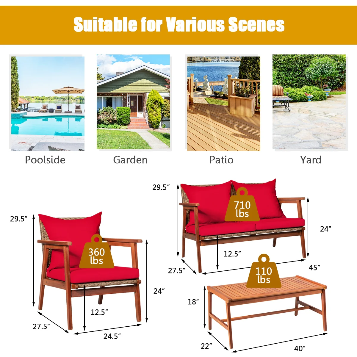 4 Piece Acacia Wood Patio Rattan Furniture Set, Red - Image 6