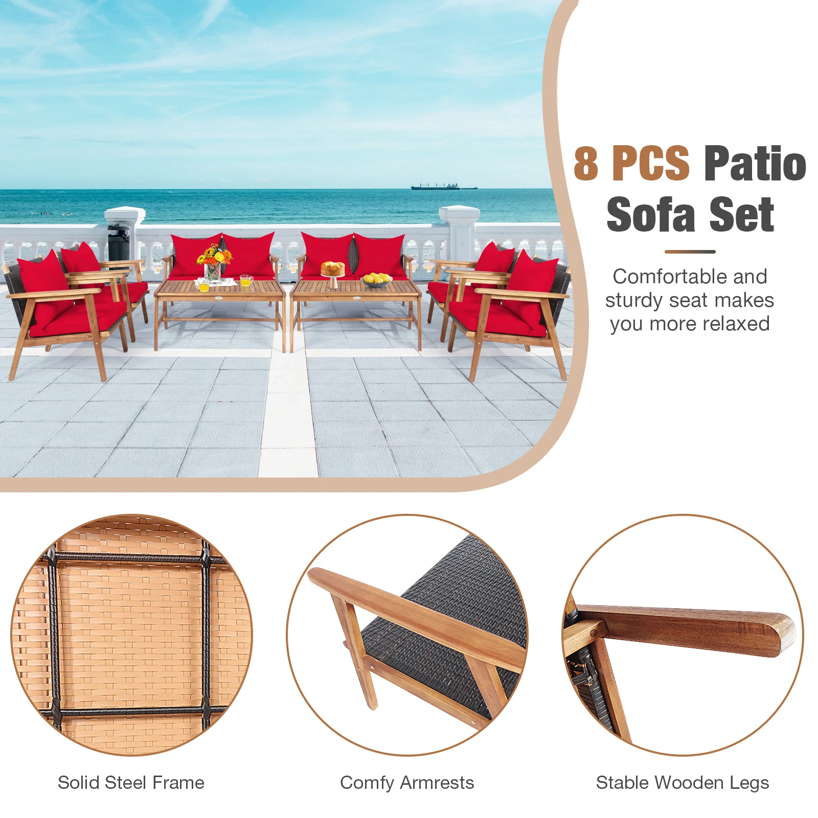 4 Piece Acacia Wood Patio Rattan Furniture Set, Red - Image 7