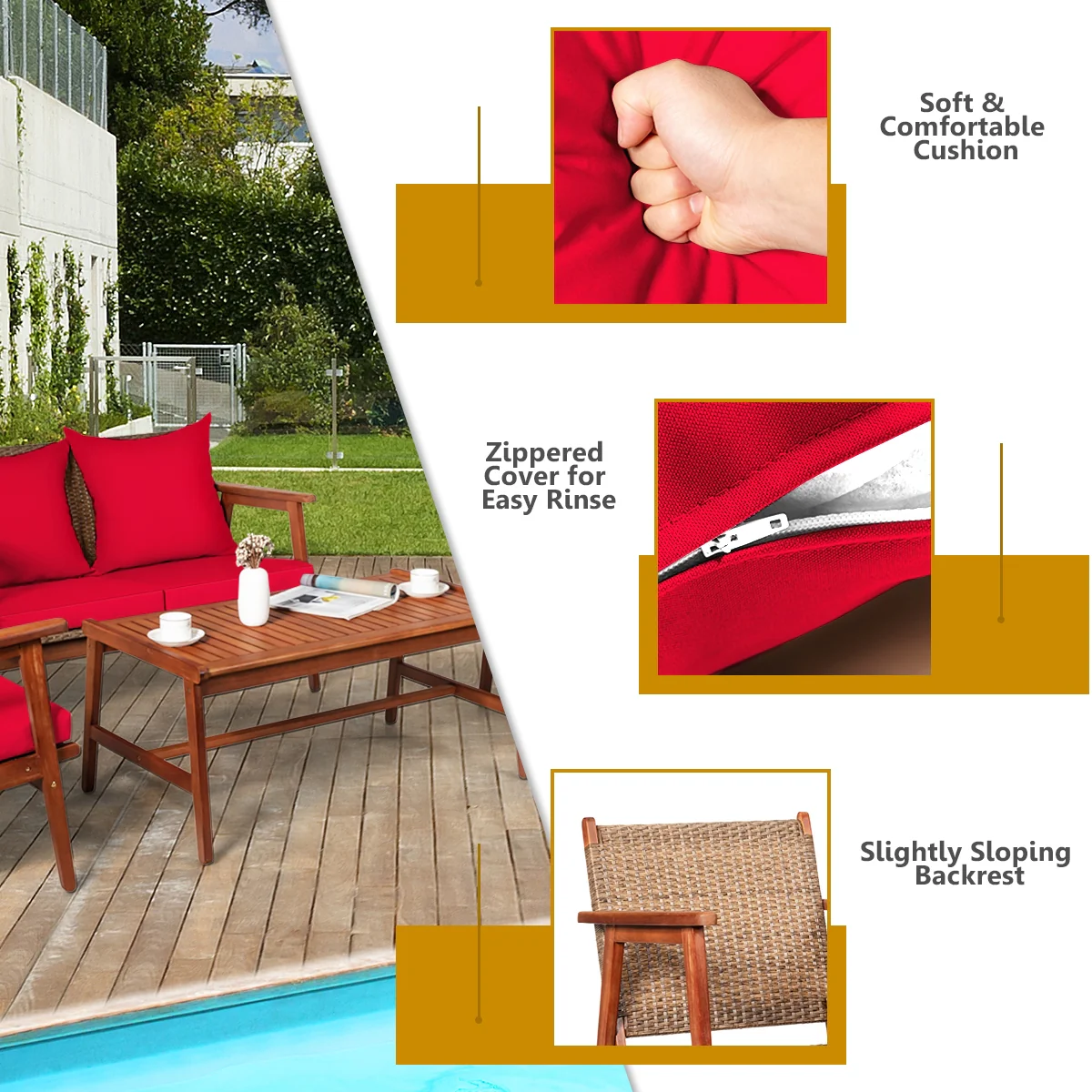 4 Piece Acacia Wood Patio Rattan Furniture Set, Red - Image 8