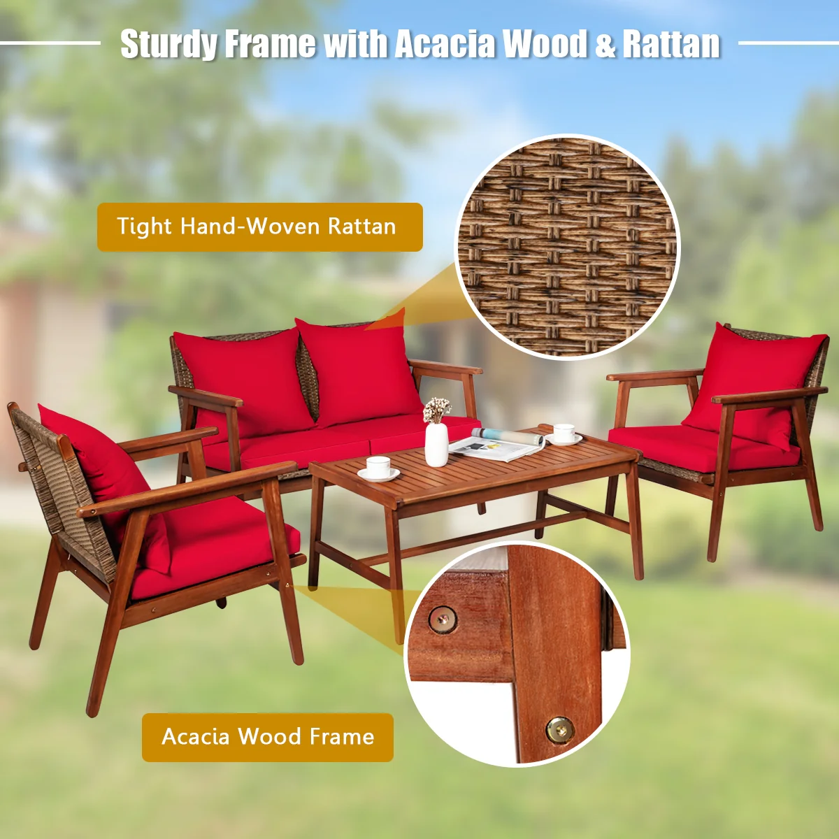 4 Piece Acacia Wood Patio Rattan Furniture Set, Red - Image 9