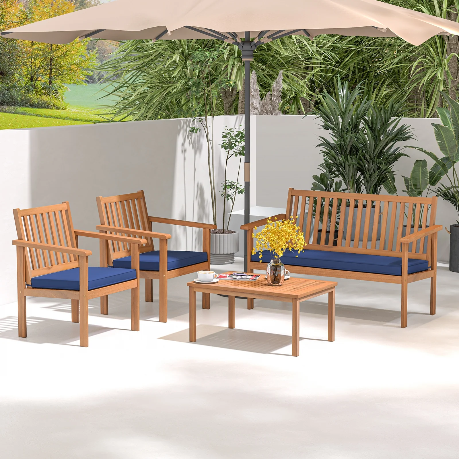 4 Piece Acacia Wood Patio Sofa Set, Loveseat, Navy - Image 2