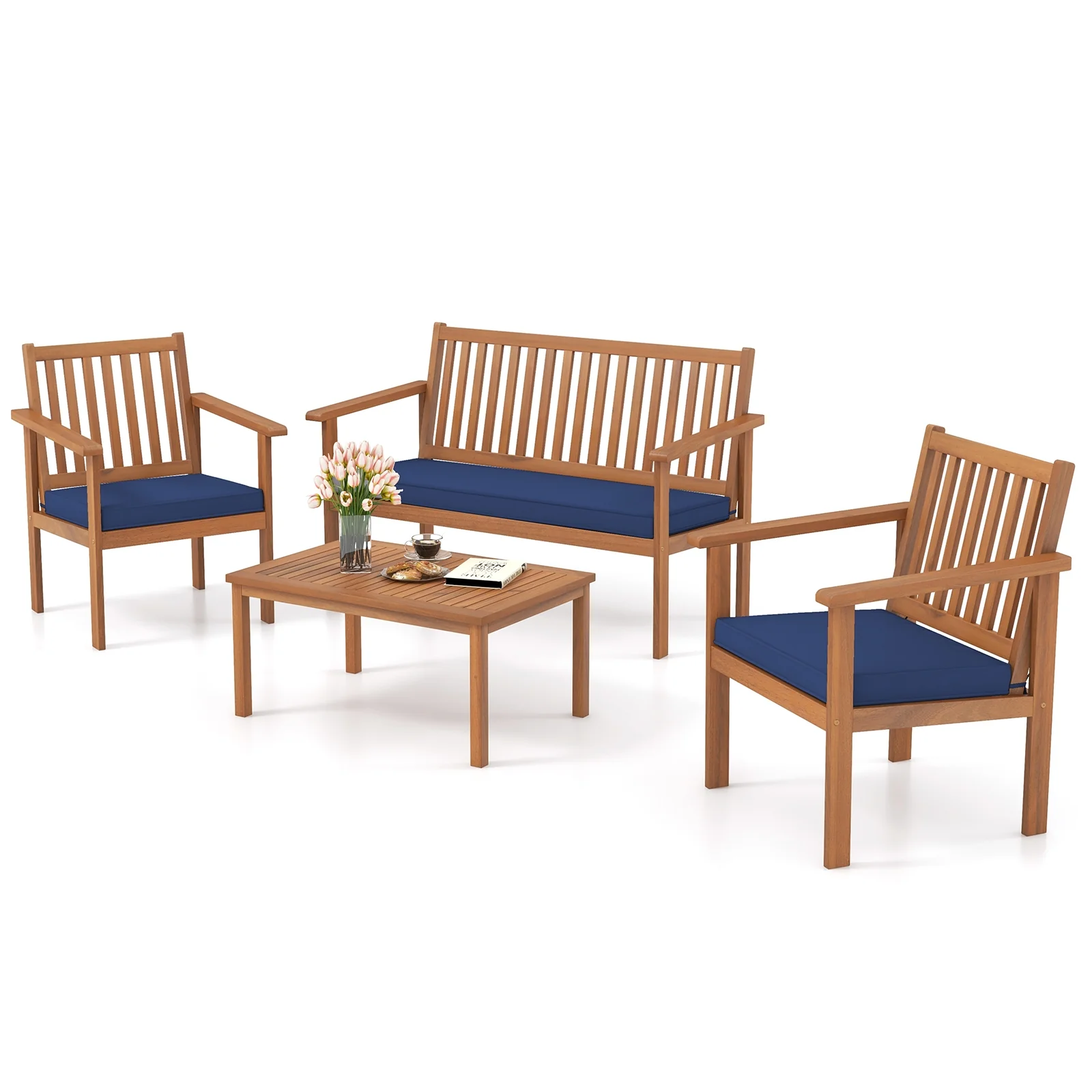 4 Piece Acacia Wood Patio Sofa Set, Loveseat, Navy - Image 4