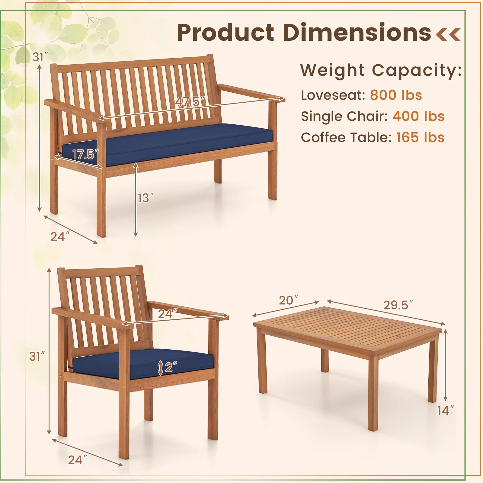 4 Piece Acacia Wood Patio Sofa Set, Loveseat, Navy - Image 6