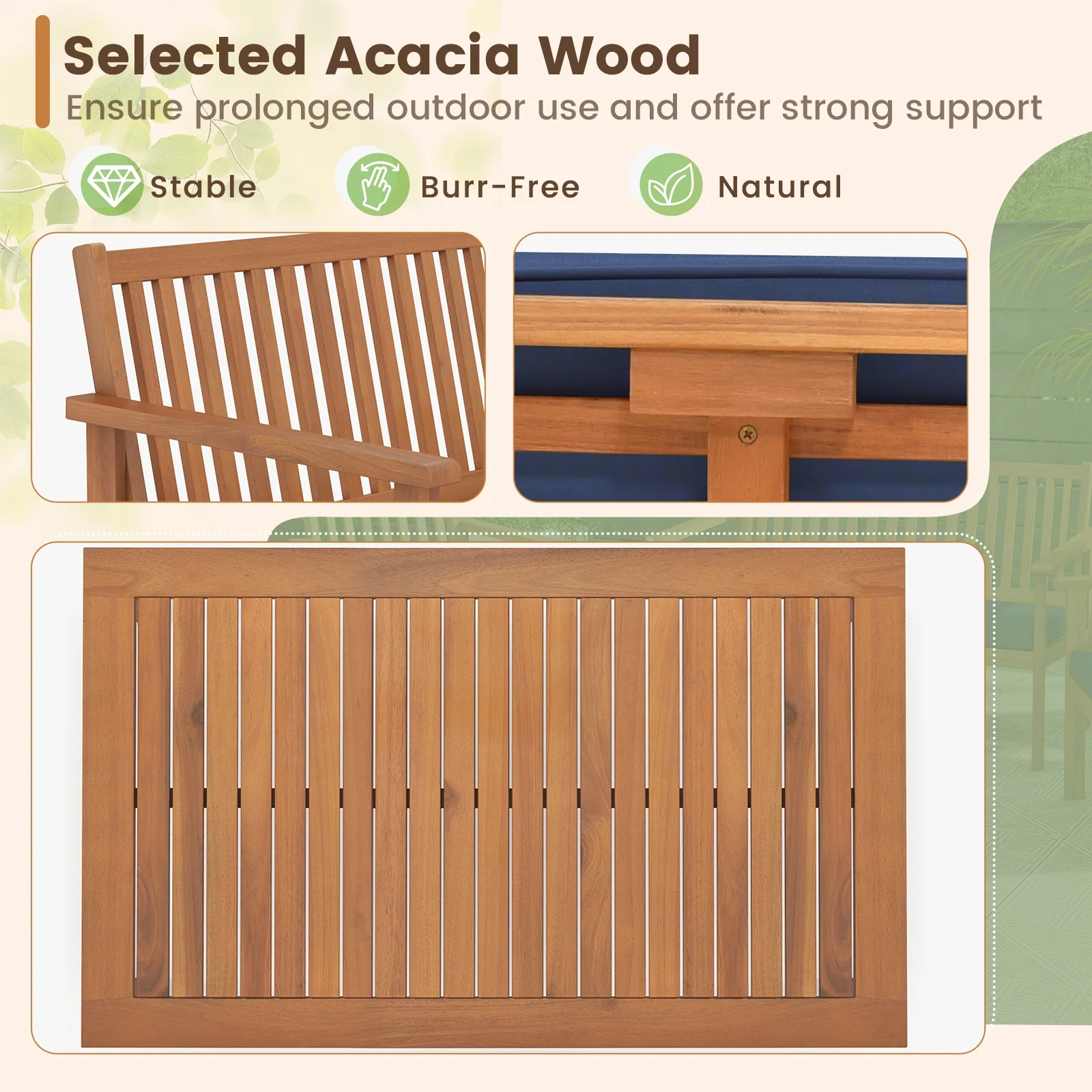 4 Piece Acacia Wood Patio Sofa Set, Loveseat, Navy - Image 8