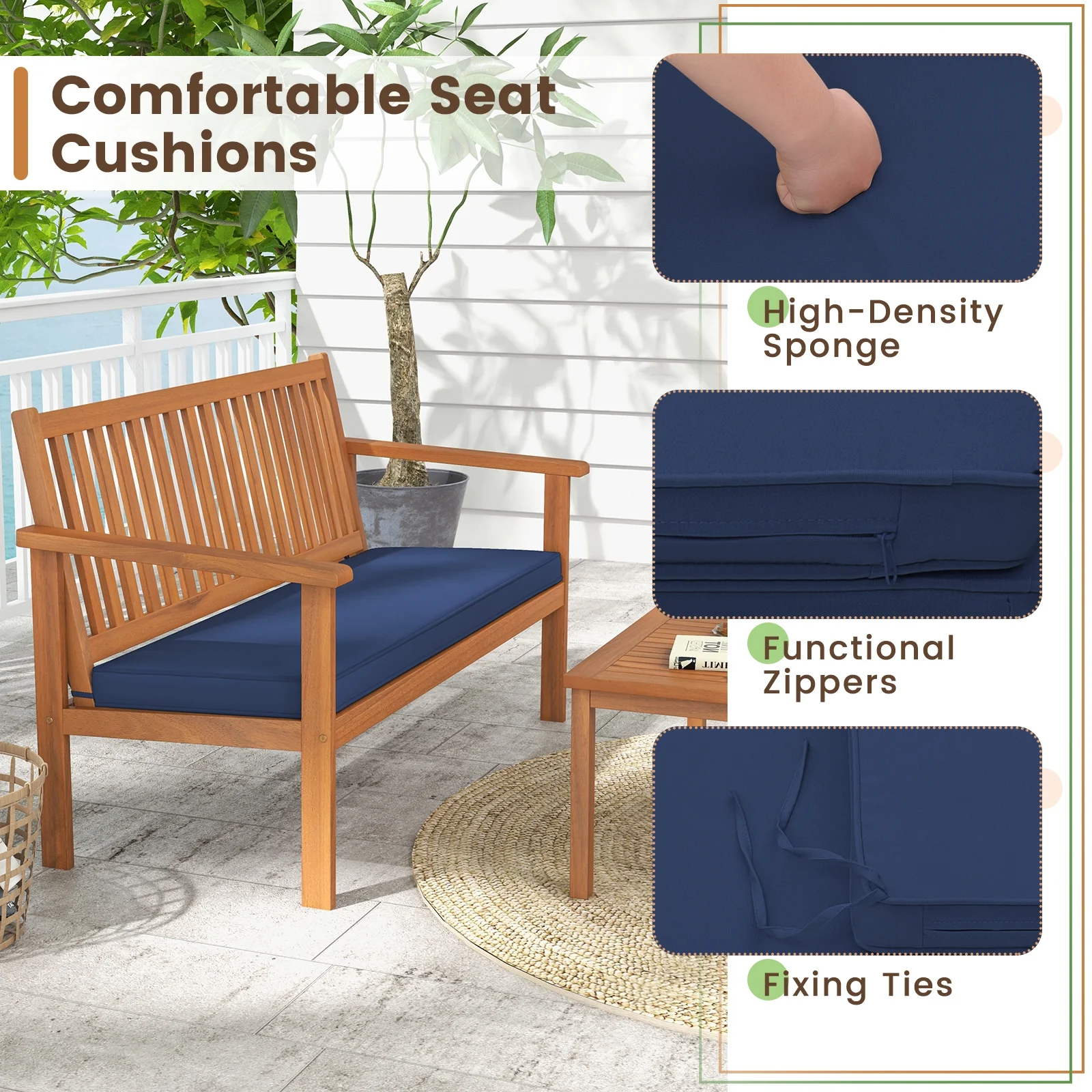 4 Piece Acacia Wood Patio Sofa Set, Loveseat, Navy - Image 9