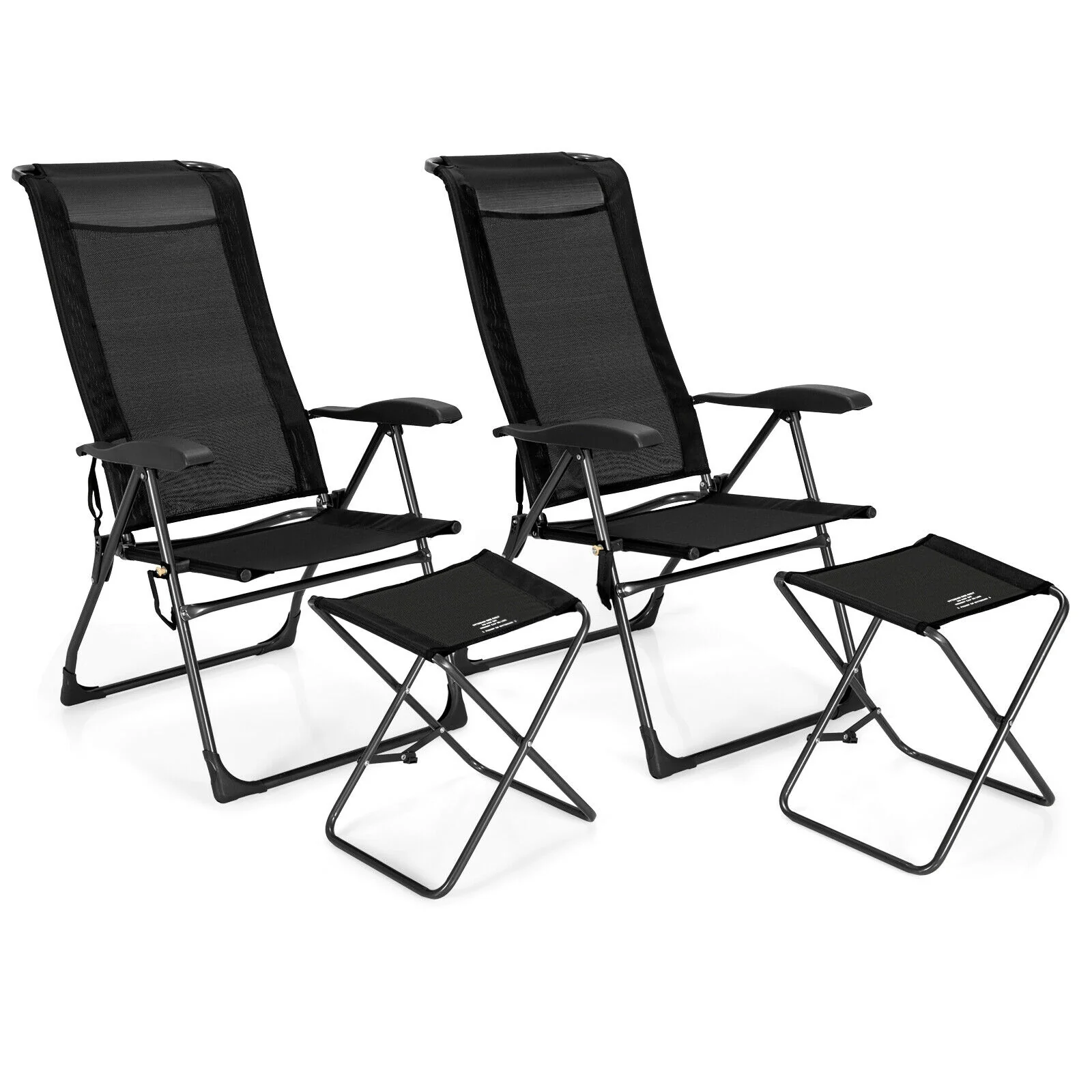 4 Piece Adjustable Back Folding Dining Chair Ottoman Set, Black