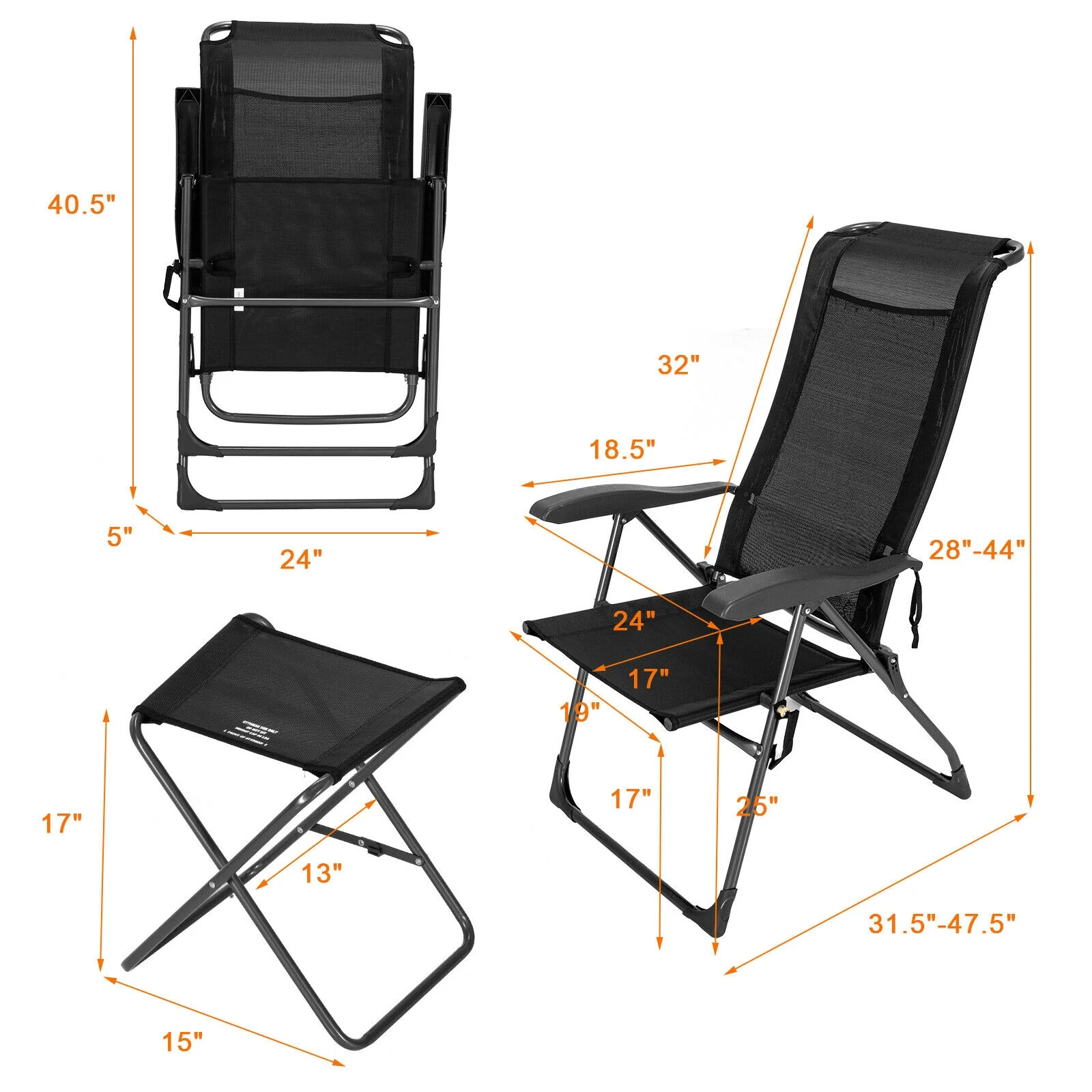 4 Piece Adjustable Back Folding Dining Chair Ottoman Set, Black - Image 5