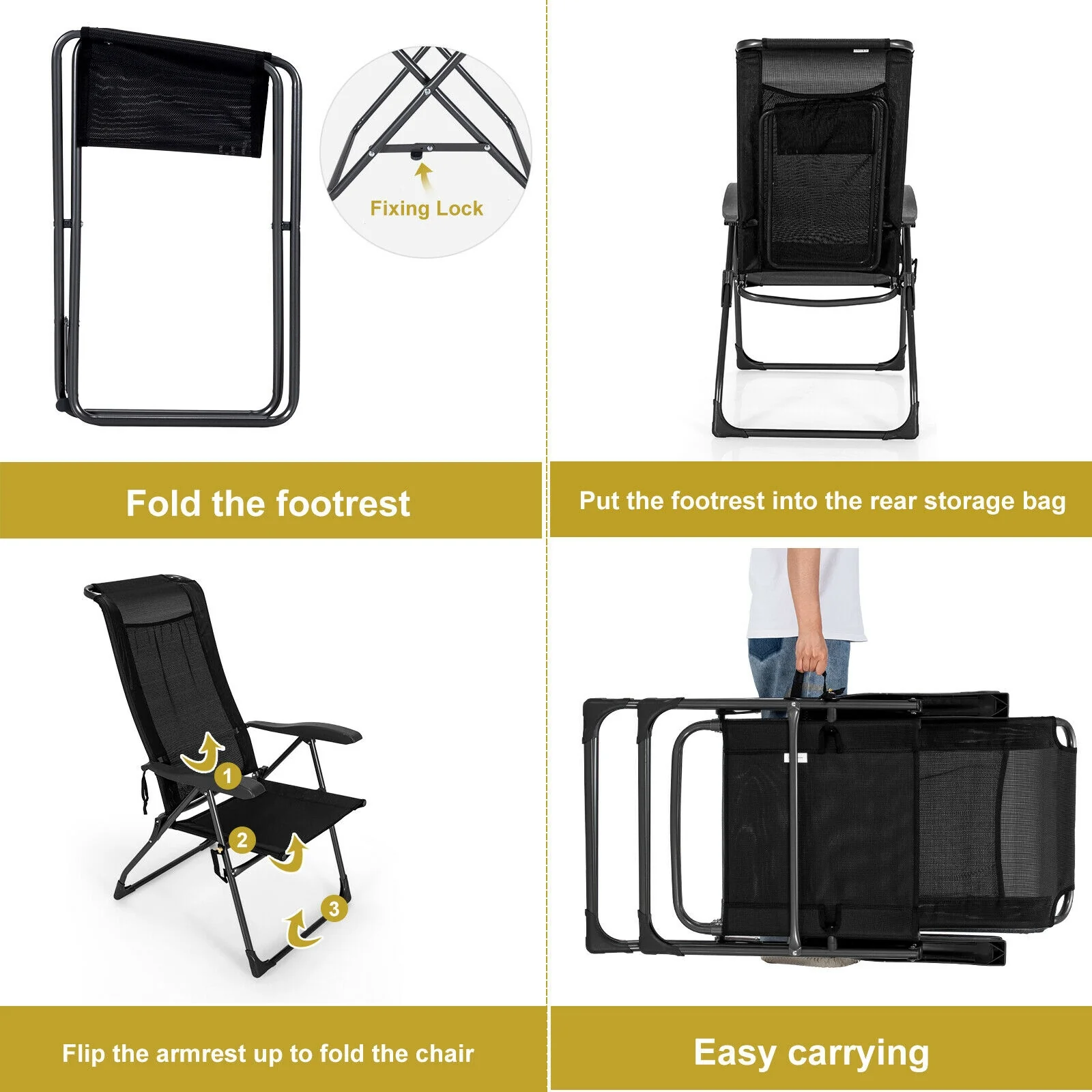 4 Piece Adjustable Back Folding Dining Chair Ottoman Set, Black - Image 6