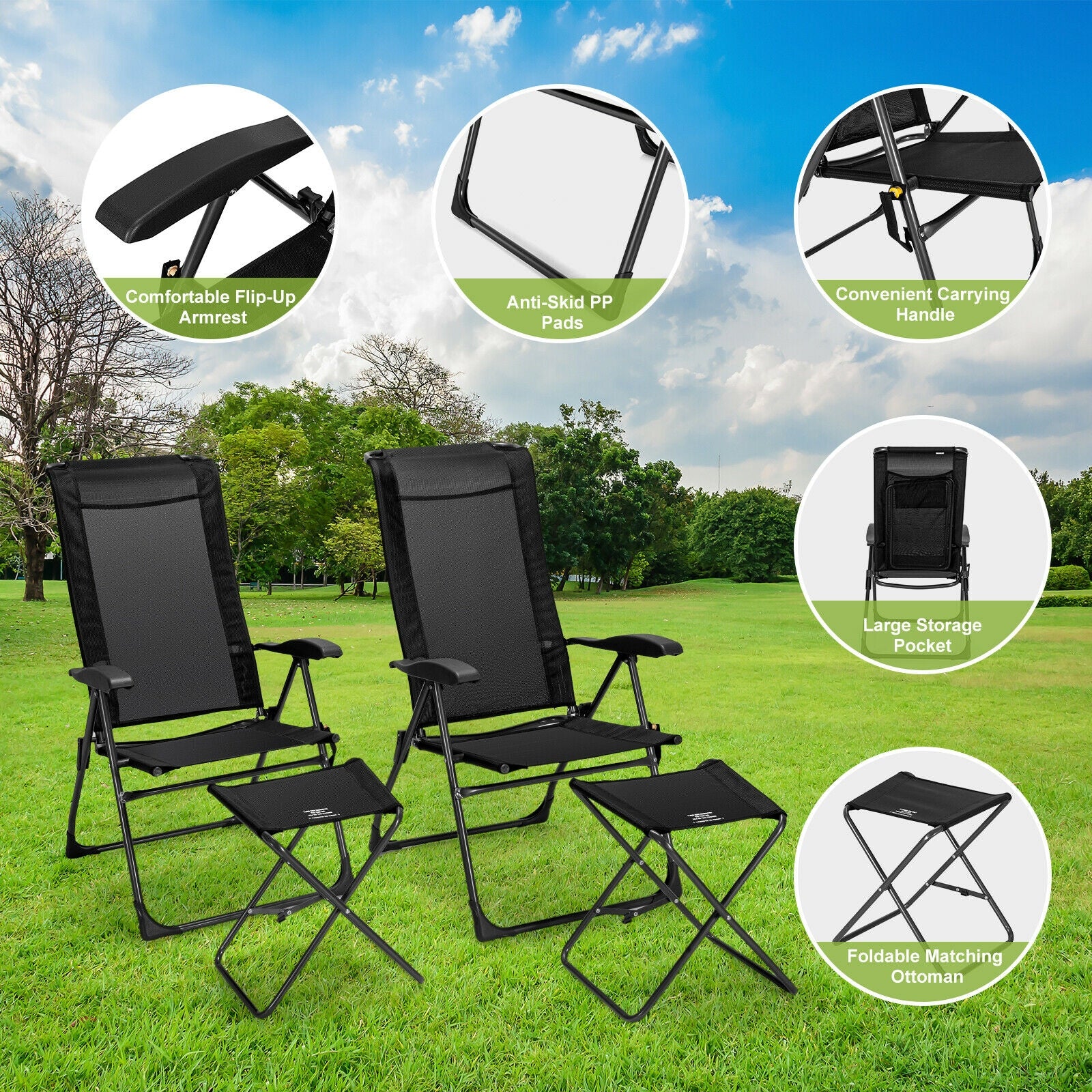 4 Piece Adjustable Back Folding Dining Chair Ottoman Set, Black - Image 9