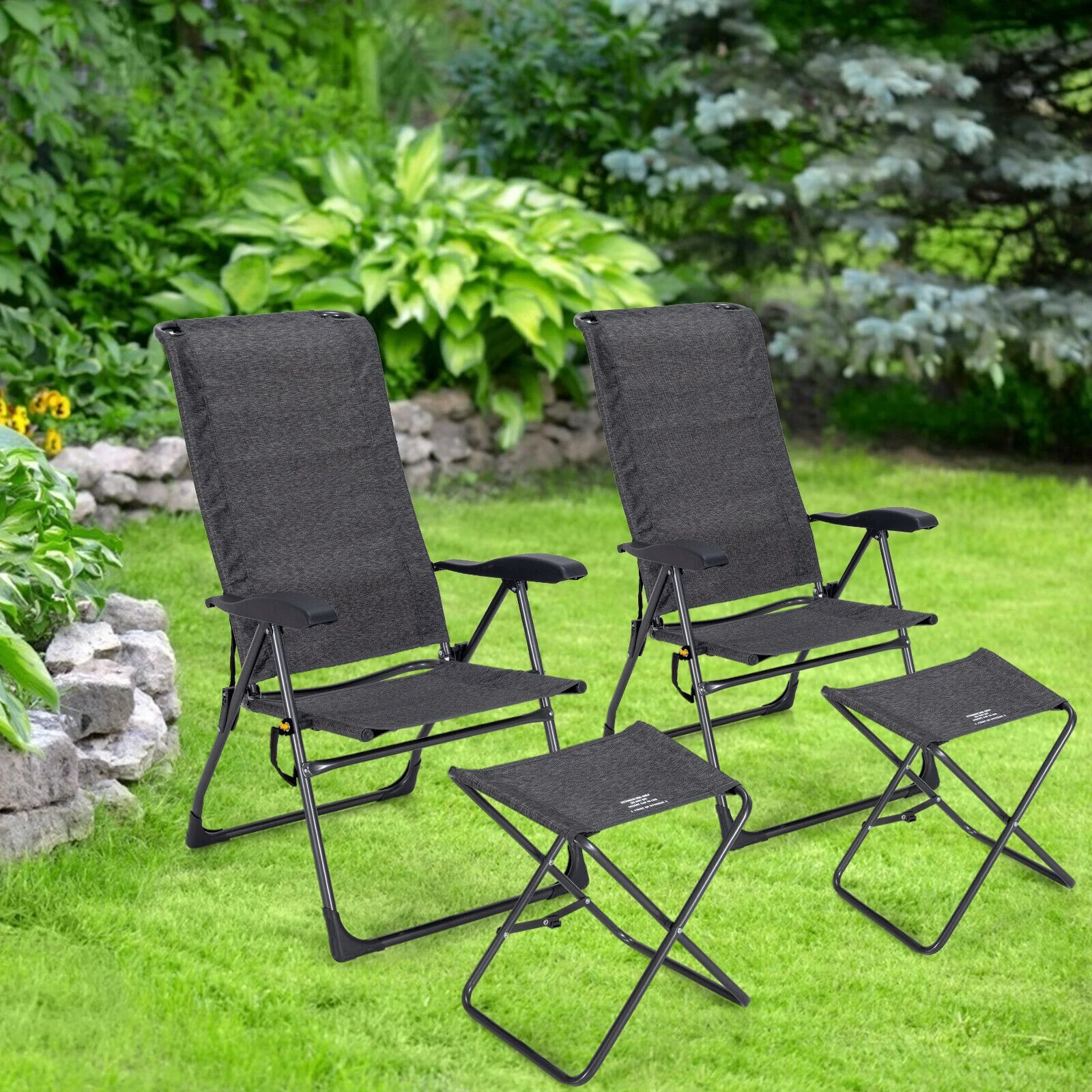 4-Piece Adjustable Back Folding Dining Chair Ottoman Set, Gray - Image 2