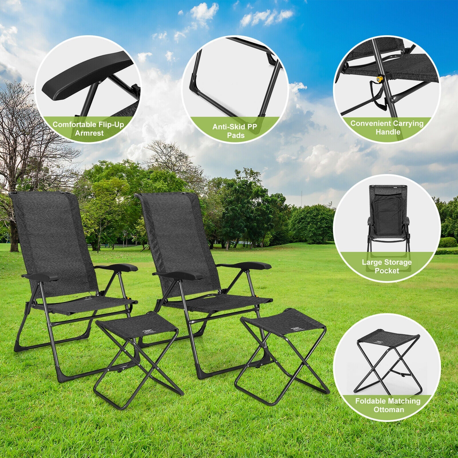 4-Piece Adjustable Back Folding Dining Chair Ottoman Set, Gray - Image 9