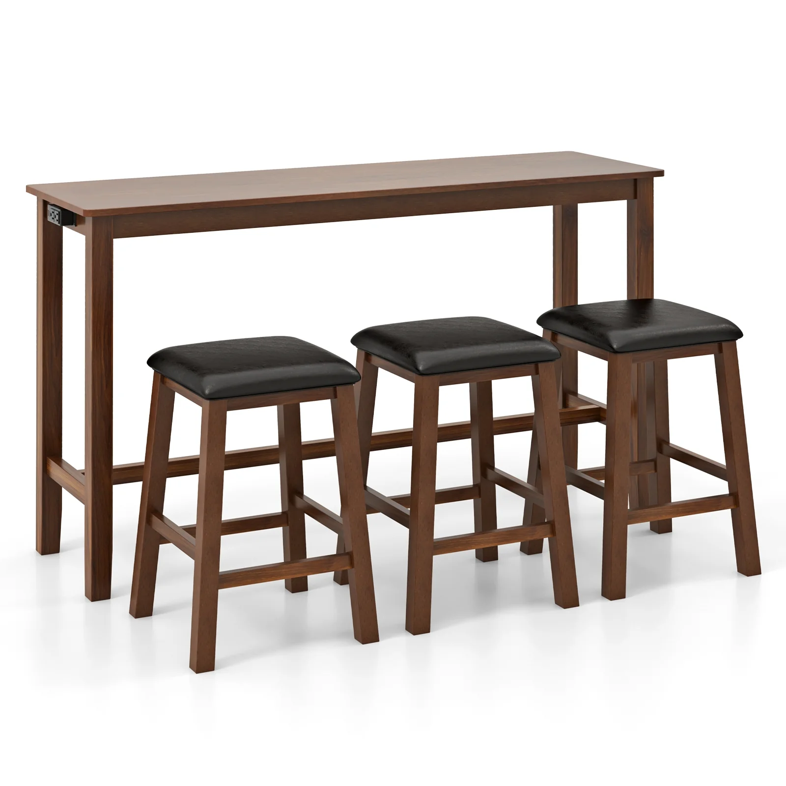 4-Piece Bar Table Set, Counter-Height Table, 3 PVC Leather Stools, Brown