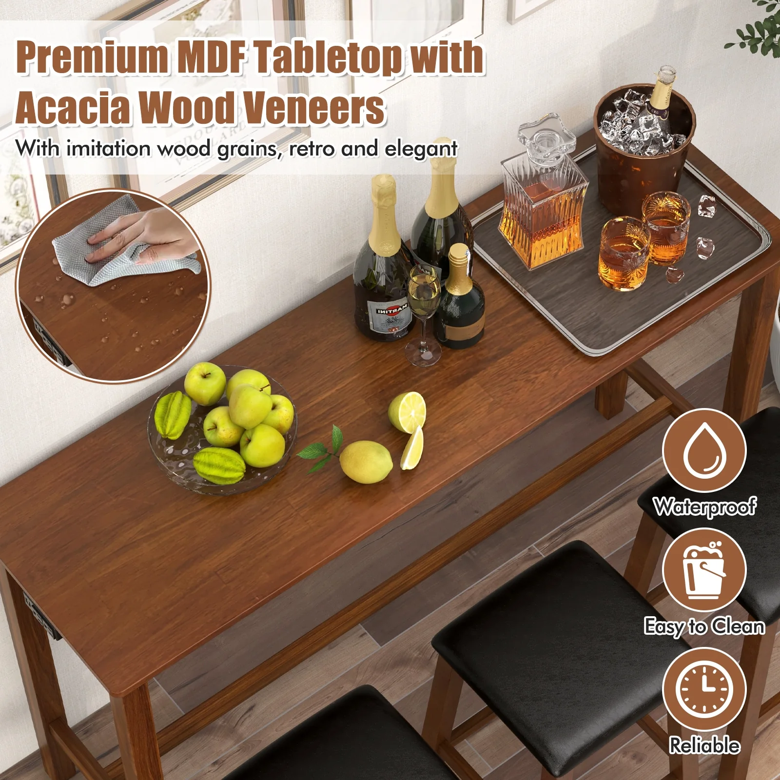 4-Piece Bar Table Set, Counter-Height Table, 3 PVC Leather Stools, Brown - Image 10
