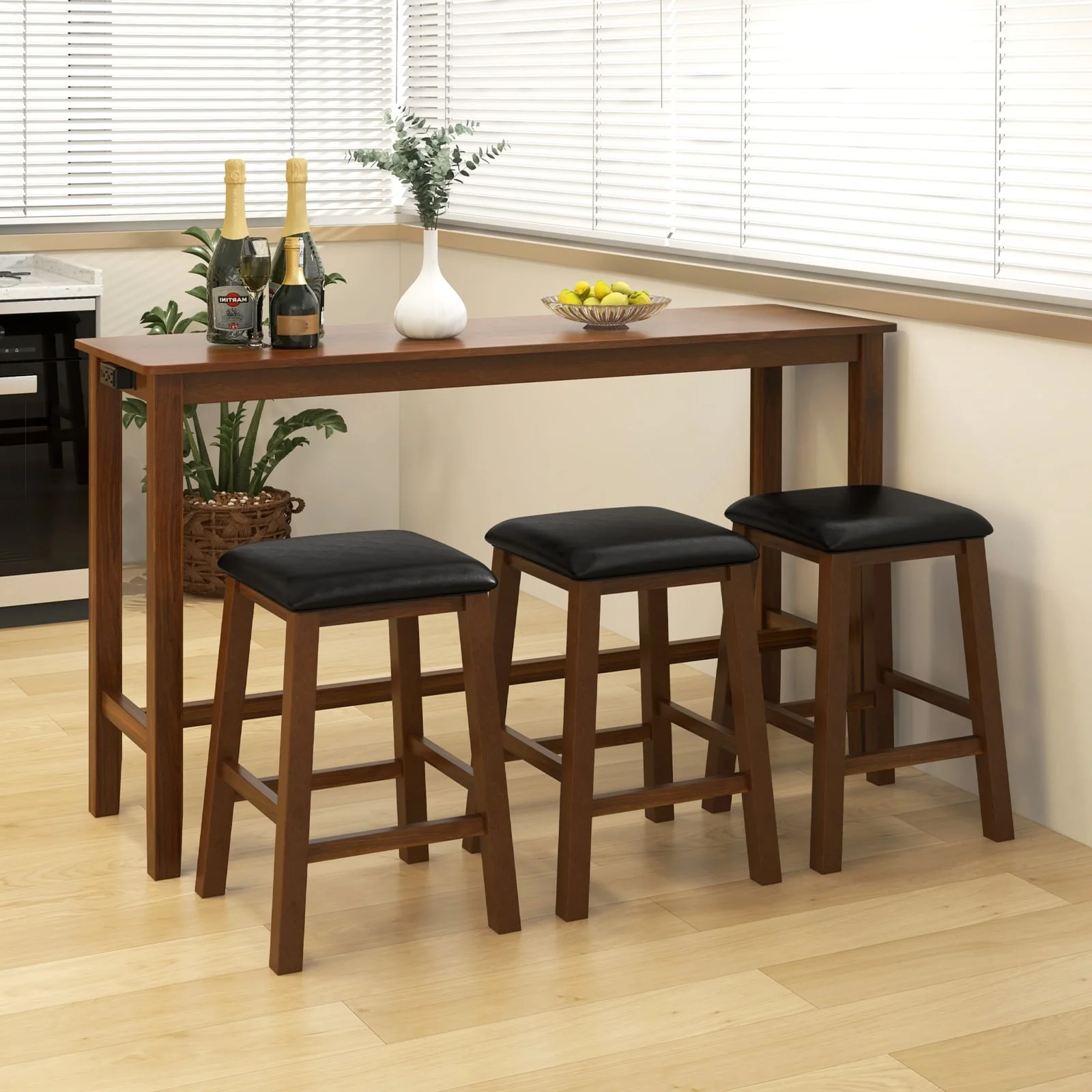 4-Piece Bar Table Set, Counter-Height Table, 3 PVC Leather Stools, Brown - Image 2