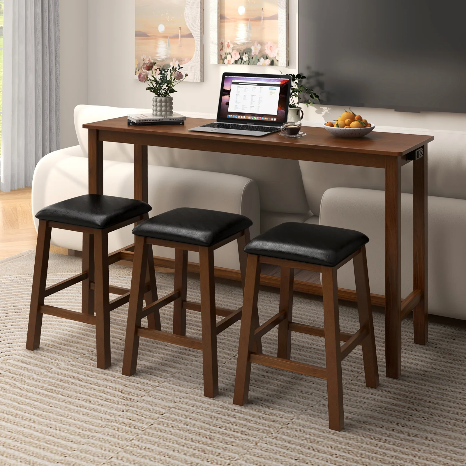 4-Piece Bar Table Set, Counter-Height Table, 3 PVC Leather Stools, Brown - Image 3