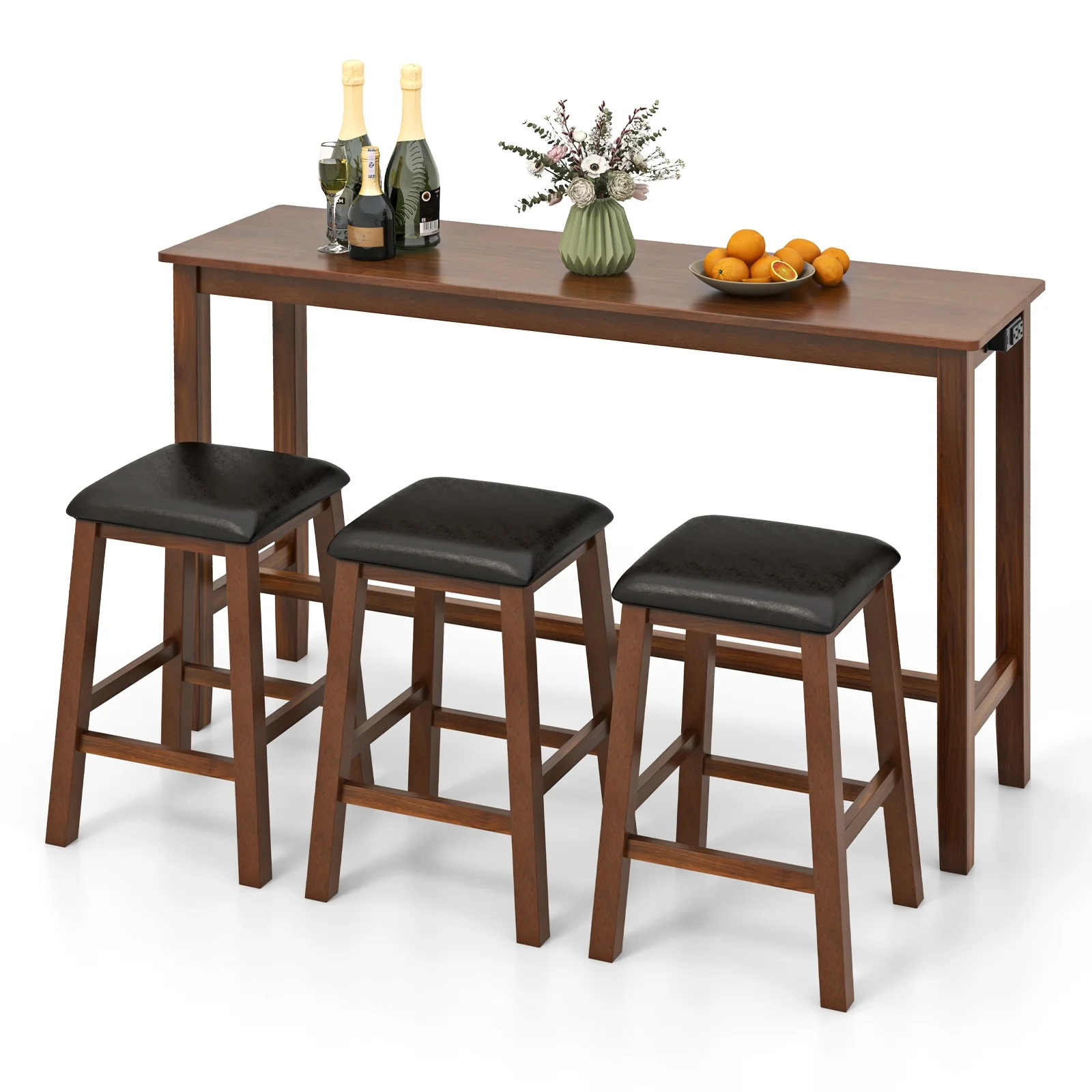 4-Piece Bar Table Set, Counter-Height Table, 3 PVC Leather Stools, Brown - Image 5