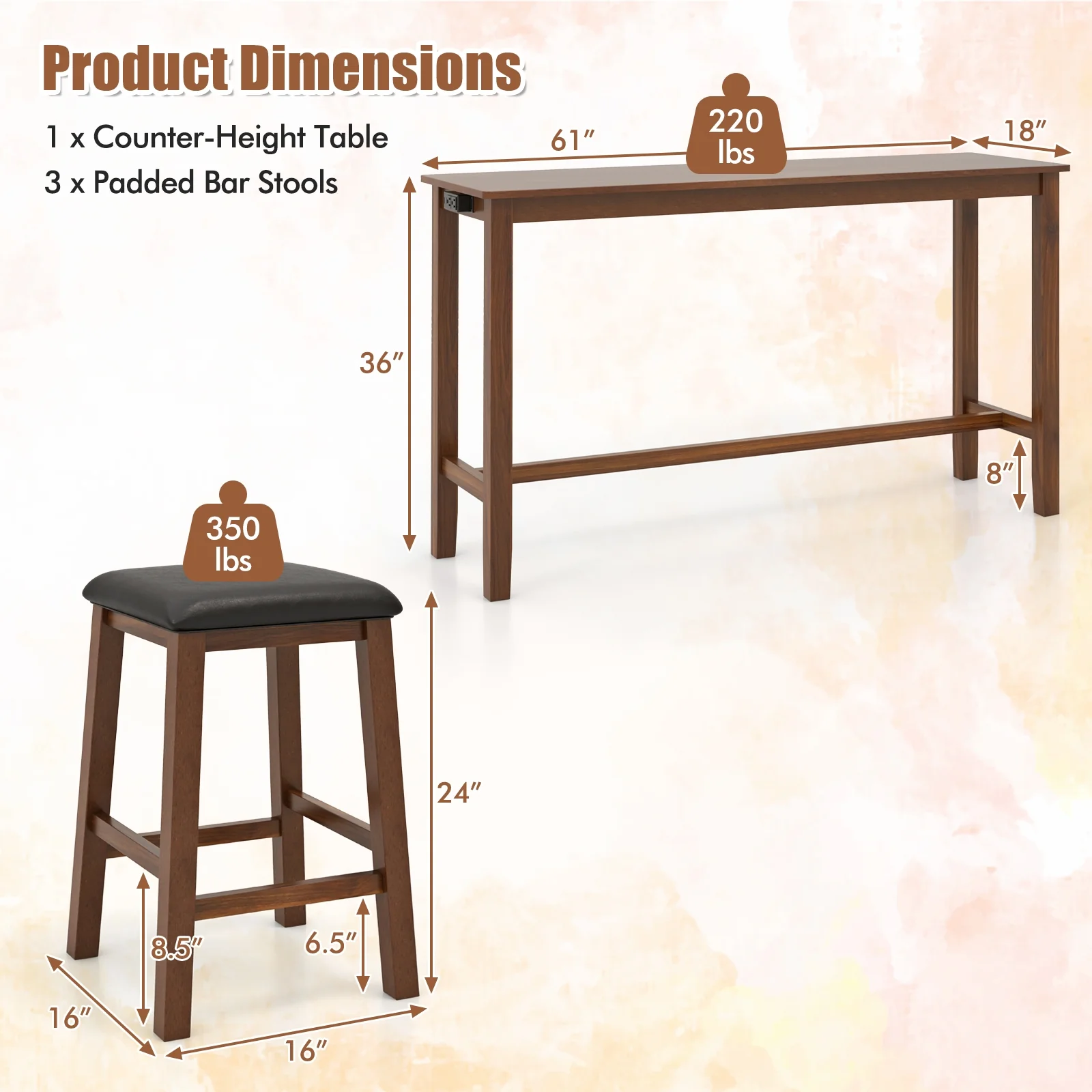 4-Piece Bar Table Set, Counter-Height Table, 3 PVC Leather Stools, Brown - Image 6